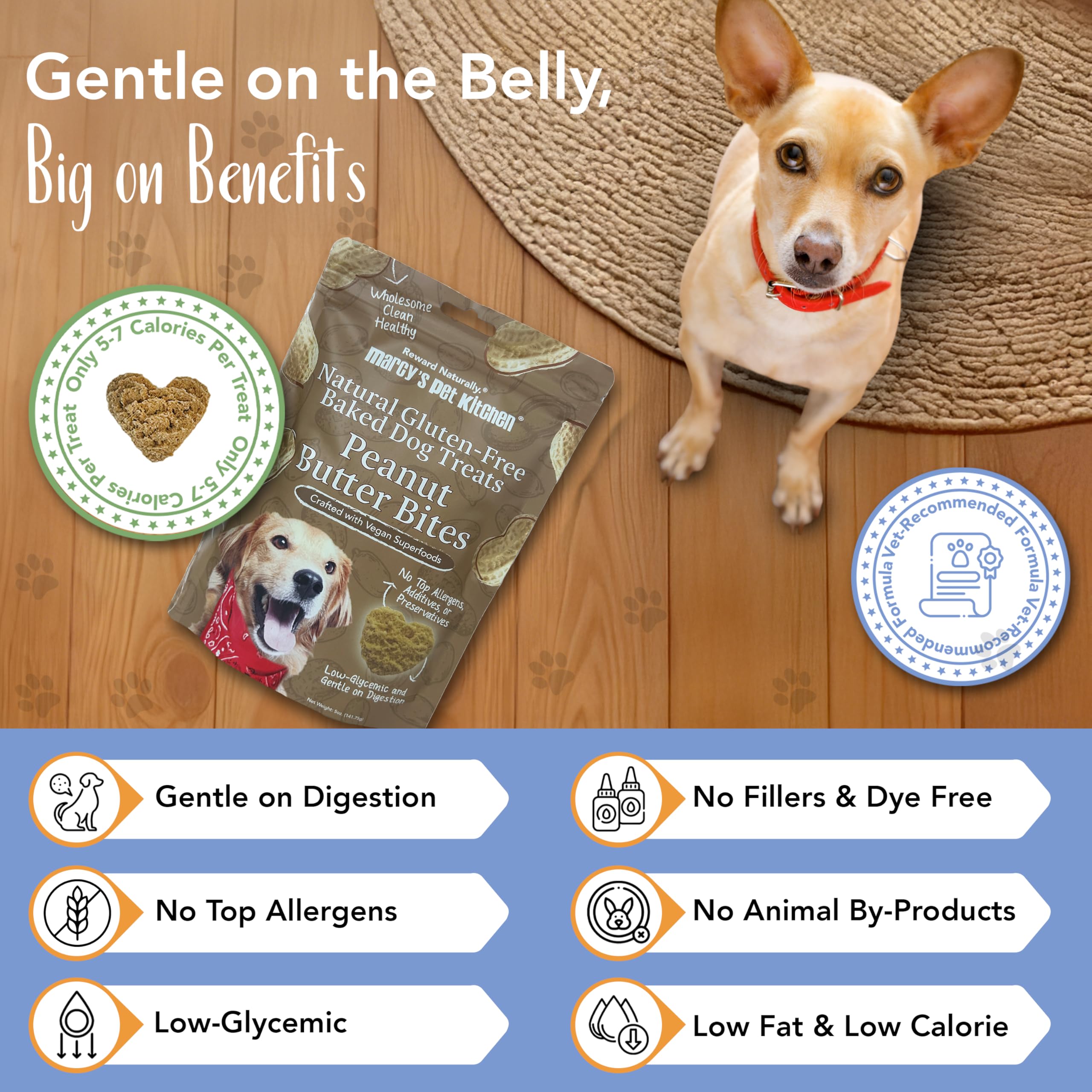 Marcy's Pet Kitchen vegan gluten-free dog treat close-up, gentle digestion.