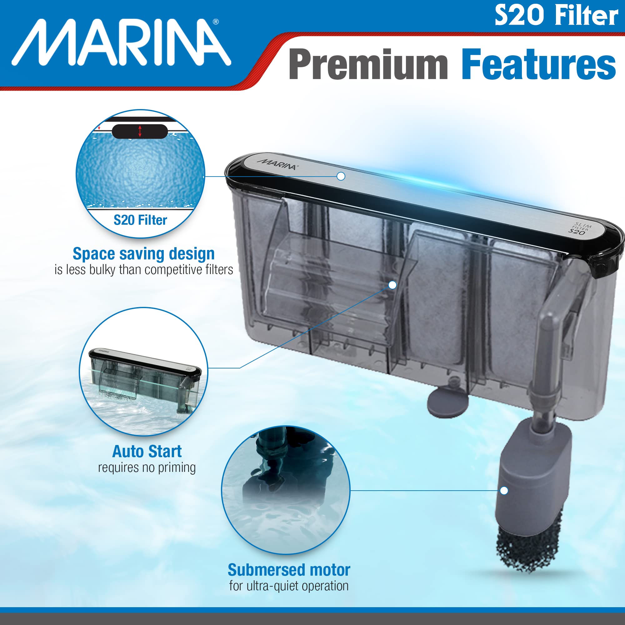 Marina S20 Power Filter adjustable flow for tank balance.