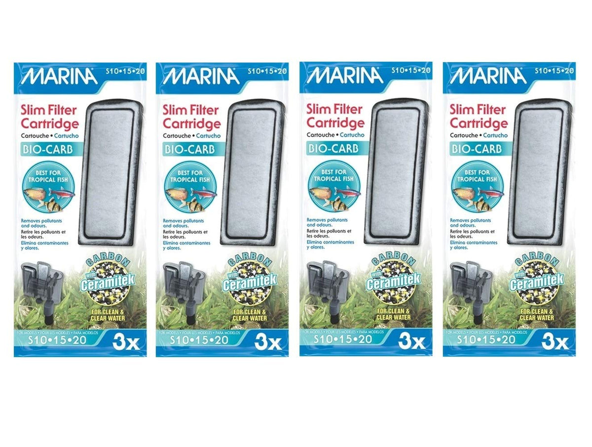 Marina Slim Filter Carbon Plus Ceramic Cartridge 12-count for tropical aquariums improves filtration and odor control.
