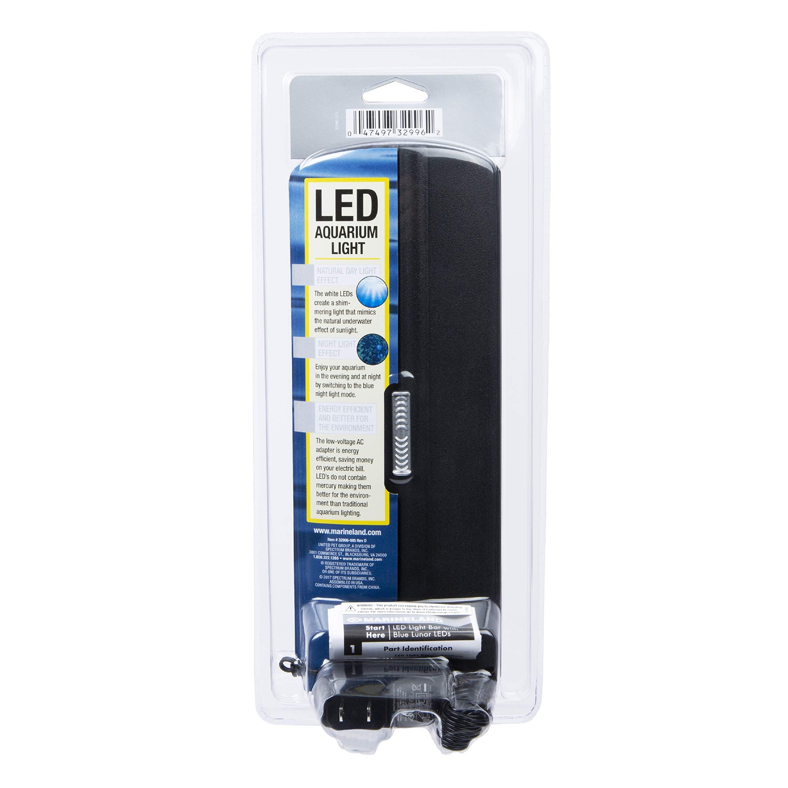 Marineland LED Aquarium Light featuring blue night mode for evening viewing.