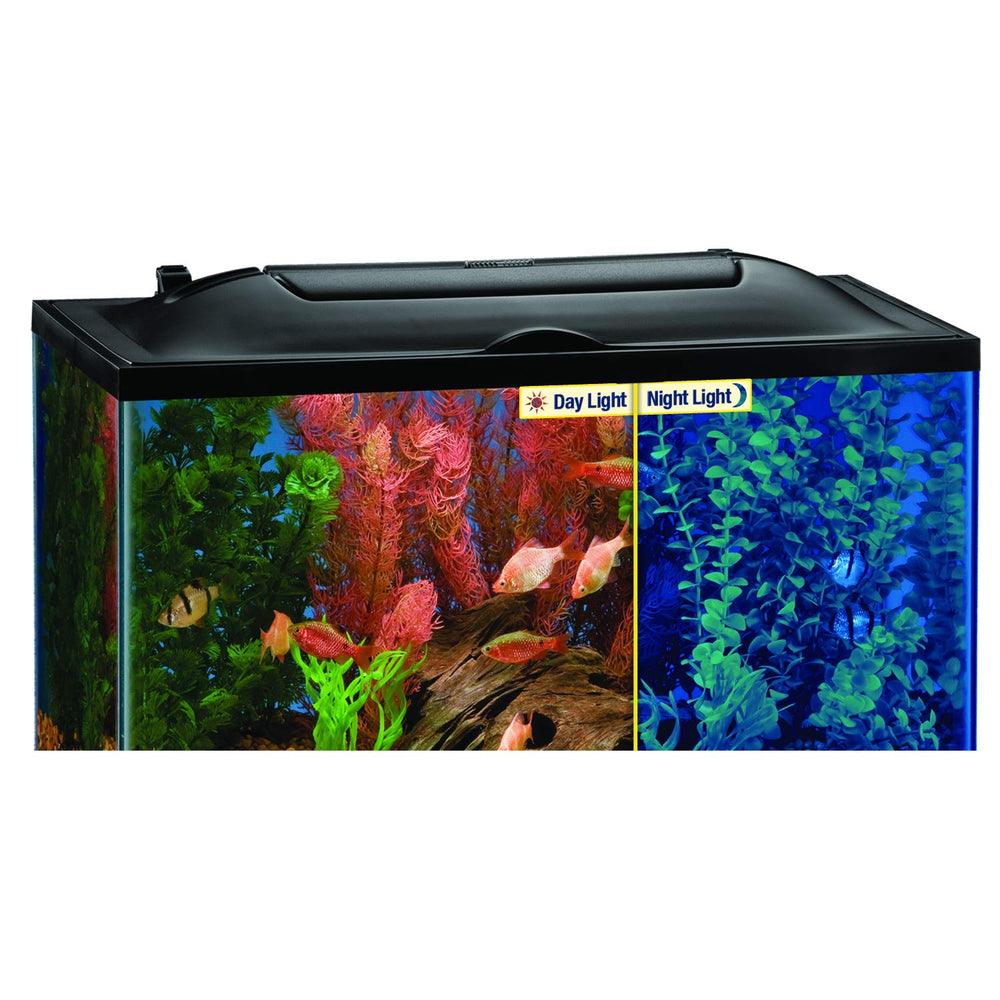 MarineLand LED light hood offers blue night light mode for evening aquarium observation.
