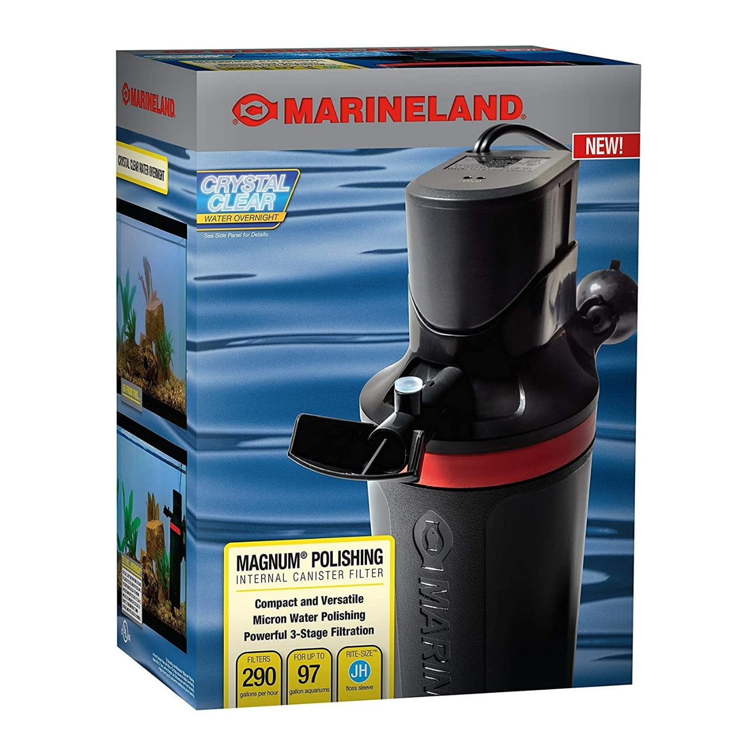 Marineland Magnum polishing internal canister filter side view showing compact footprint