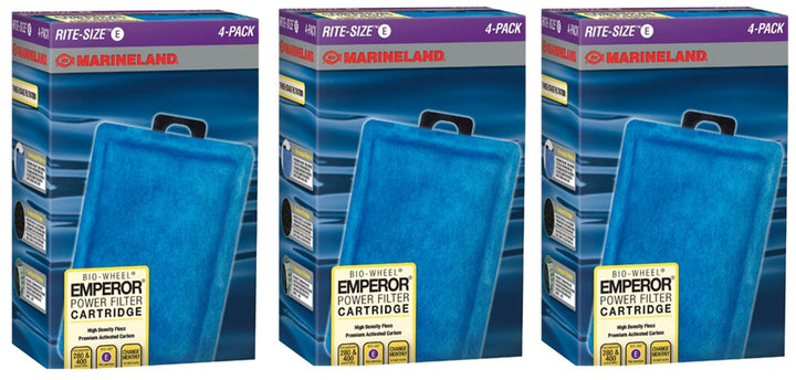 Marineland Rite-Size E-12 cartridge pack for Emperor filters enables quick replacements.