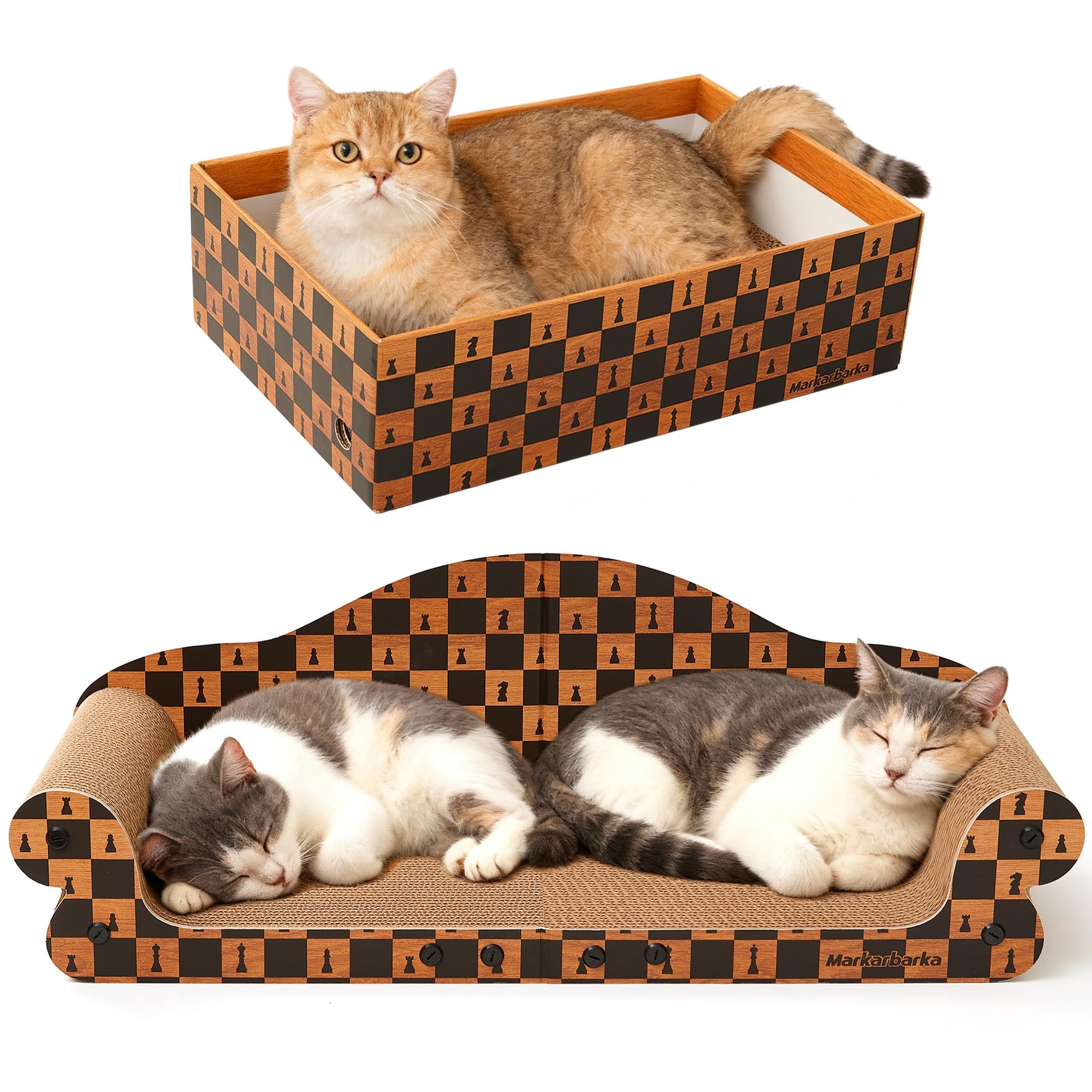 Markarbarka 27inch cat couch scratcher provides a spacious lounging area and claw-sculpting surface.
