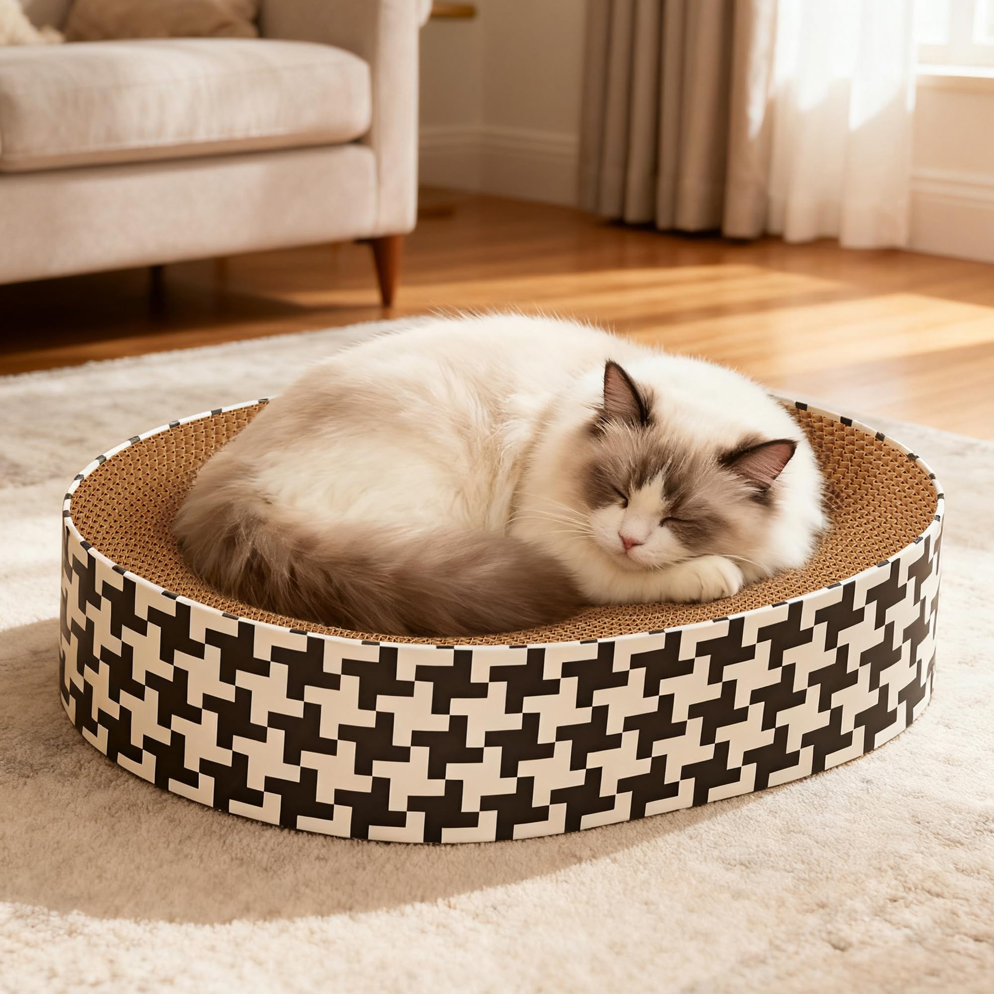 Markarbarka round cat scratcher pad side view highlights durable design