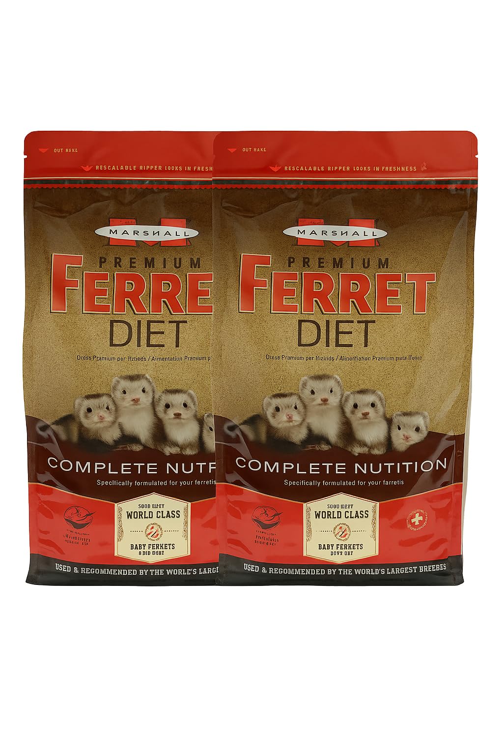 Marshall Premium Ferret Diet Food 4lb bag packaging, convenient two-pack option for households.