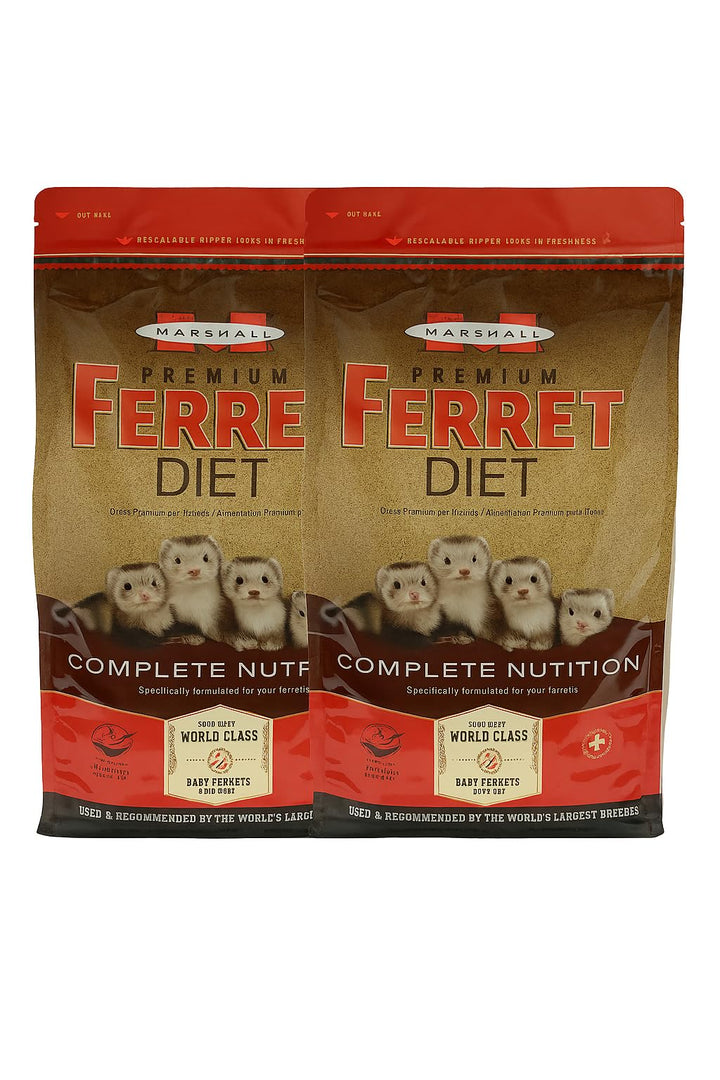 Marshall Premium Ferret Diet Food 4lb bag packaging, convenient two-pack option for households.