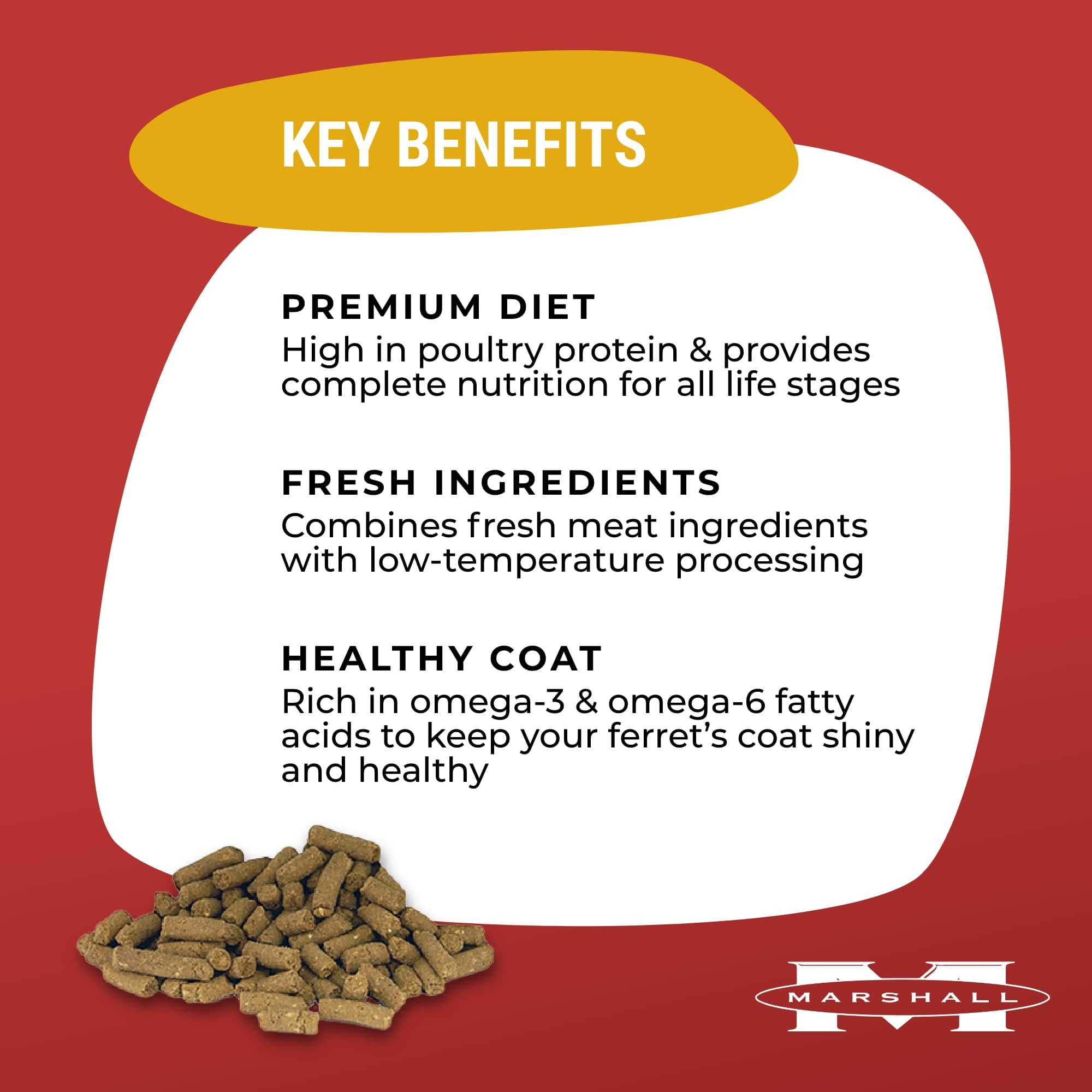 Marshall Premium Ferret Diet packaging front, veterinarian-developed nutrition.