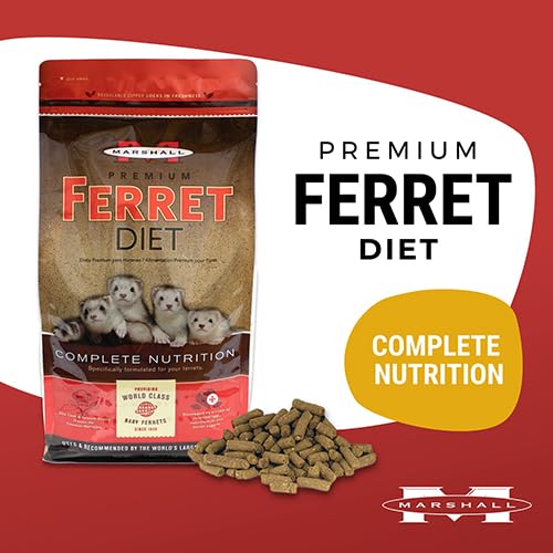 Marshall Premium Ferret Diet pellets close-up, protein-rich formula for ferrets.