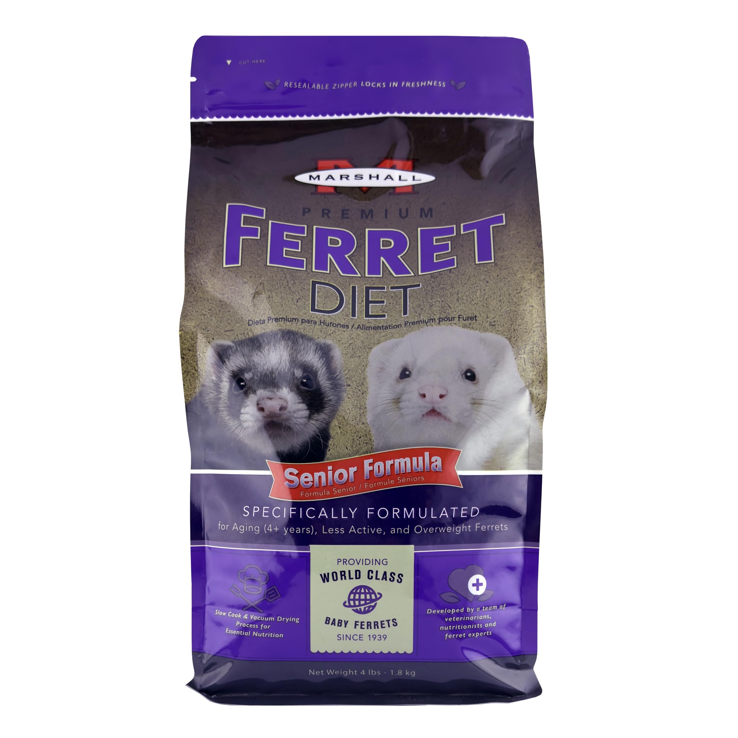 Marshall Premium Ferret Diet Senior Formula bag showing aging-ferret nutrition