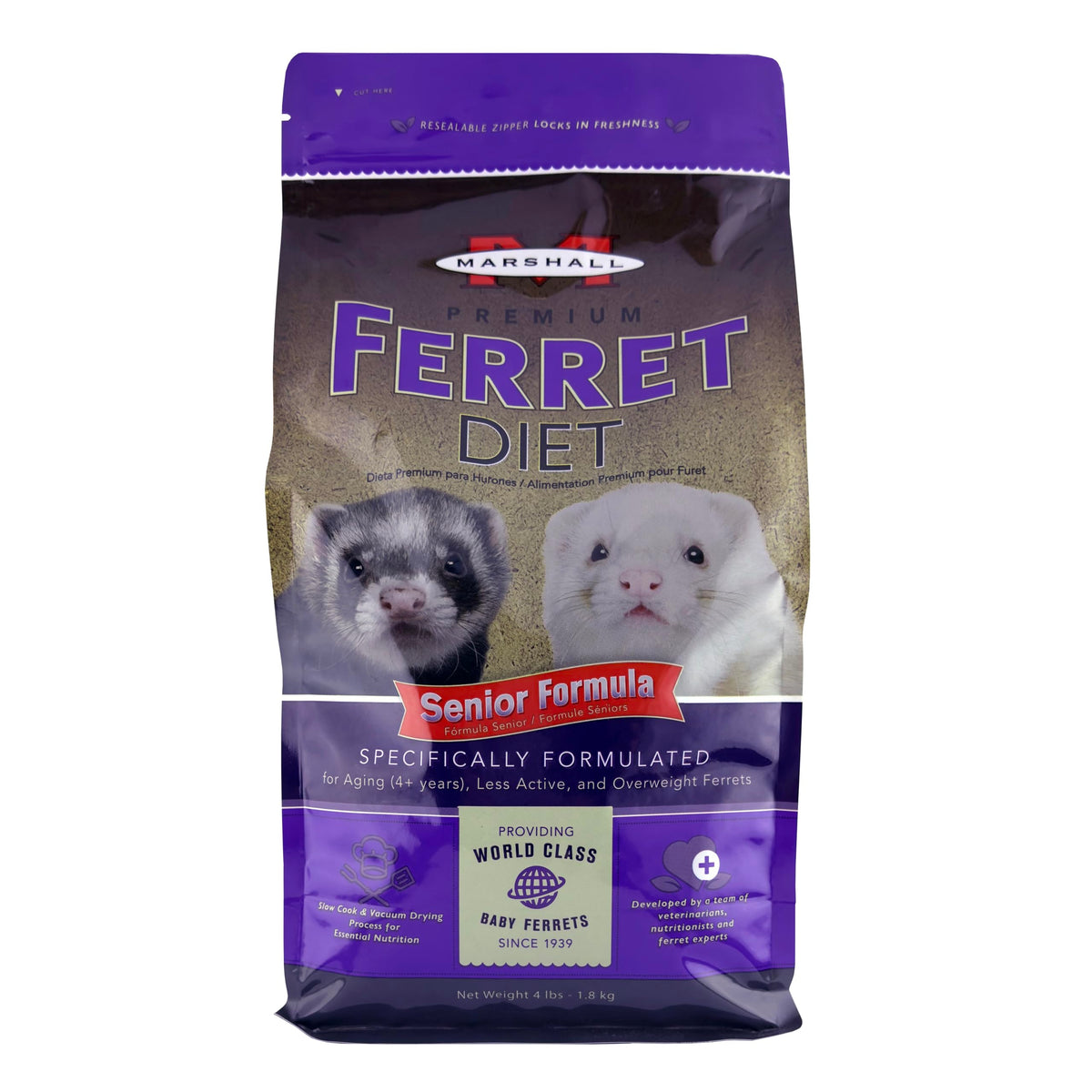 Marshall Premium Ferret Diet Senior Formula bag showing aging-ferret nutrition