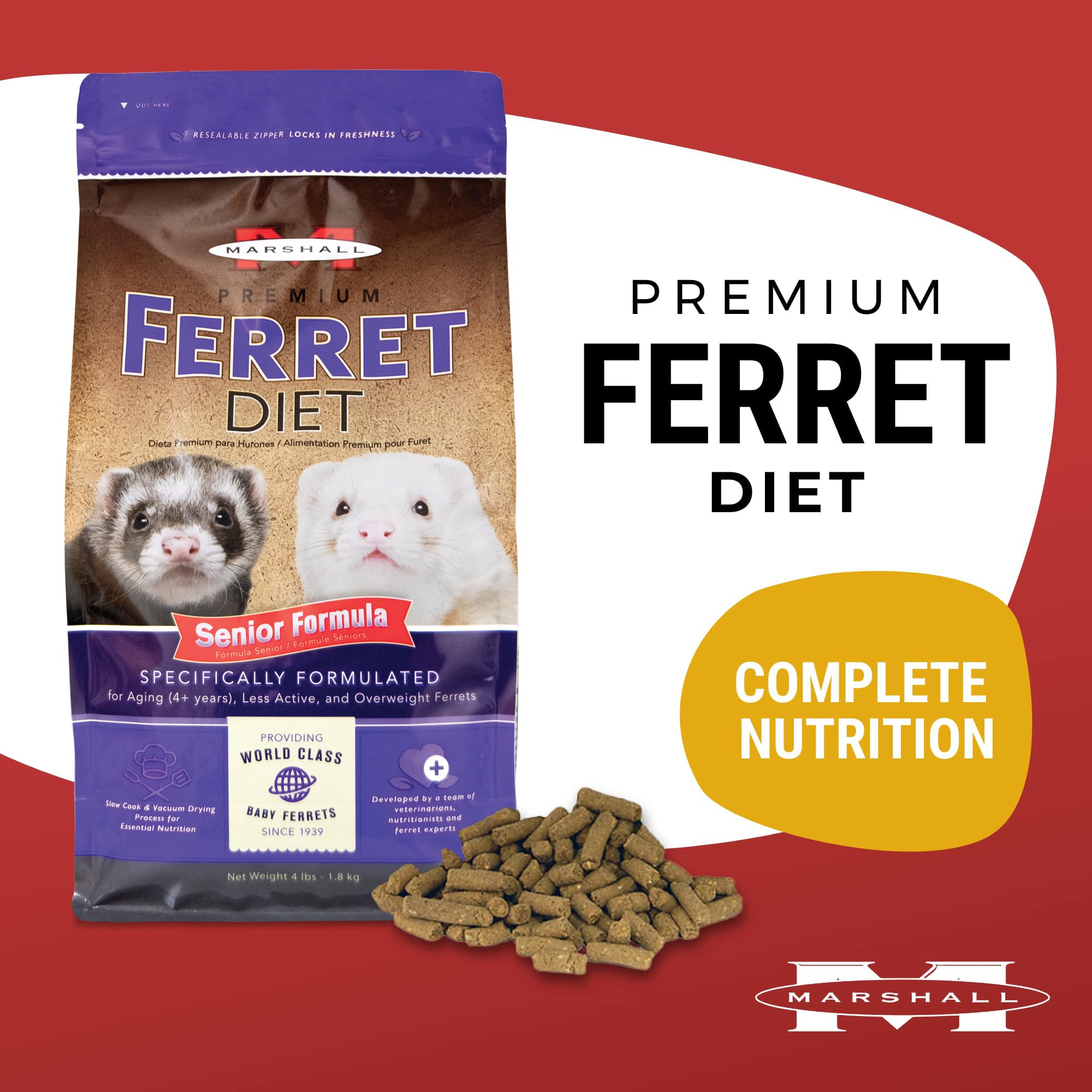 Kibble close-up of Marshall Premium Ferret Diet Senior Formula highlighting high-protein texture