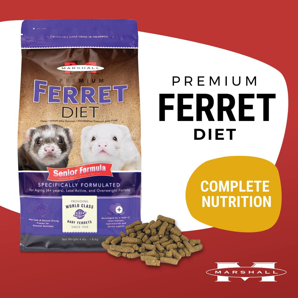 Kibble close-up of Marshall Premium Ferret Diet Senior Formula highlighting high-protein texture