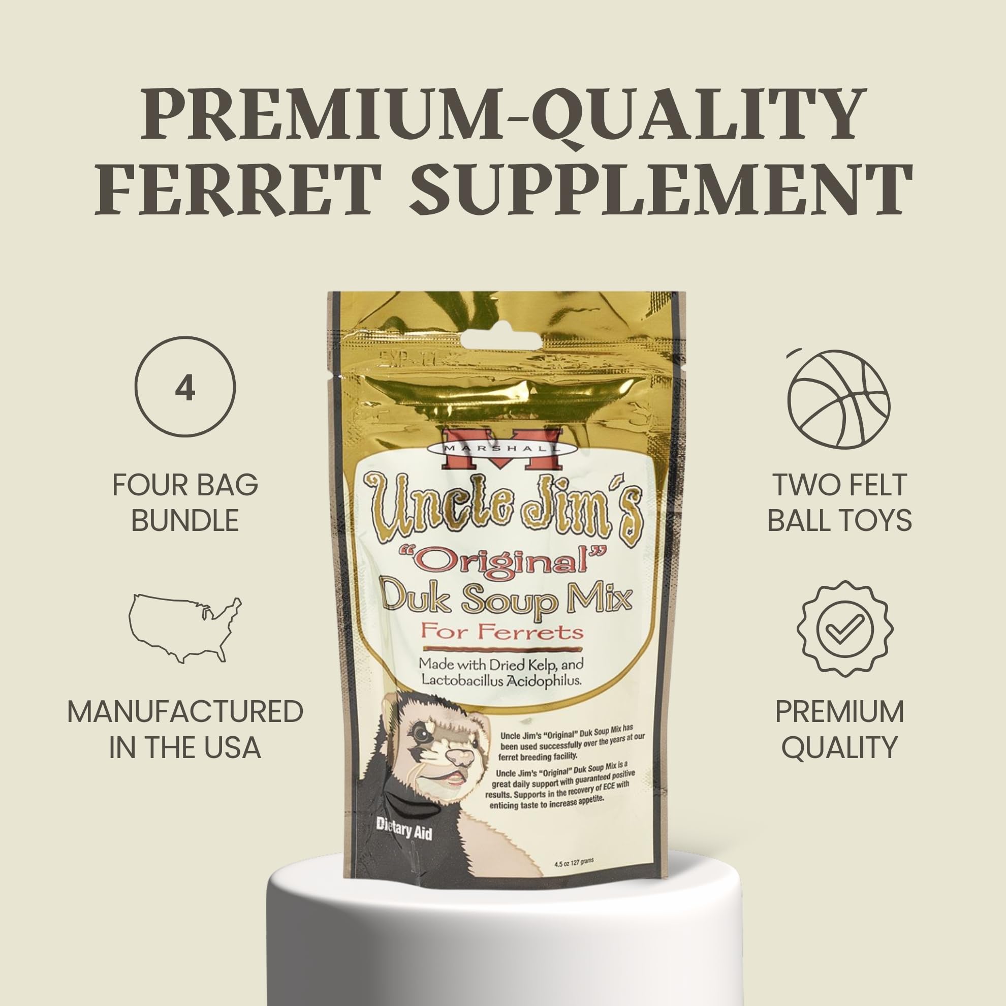 Marshall Uncle Jim's DUK Soup Mix for Ferrets – two squeaky toys included for enrichment and play.