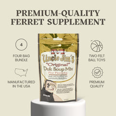 Marshall Uncle Jim's DUK Soup Mix for Ferrets – two squeaky toys included for enrichment and play.