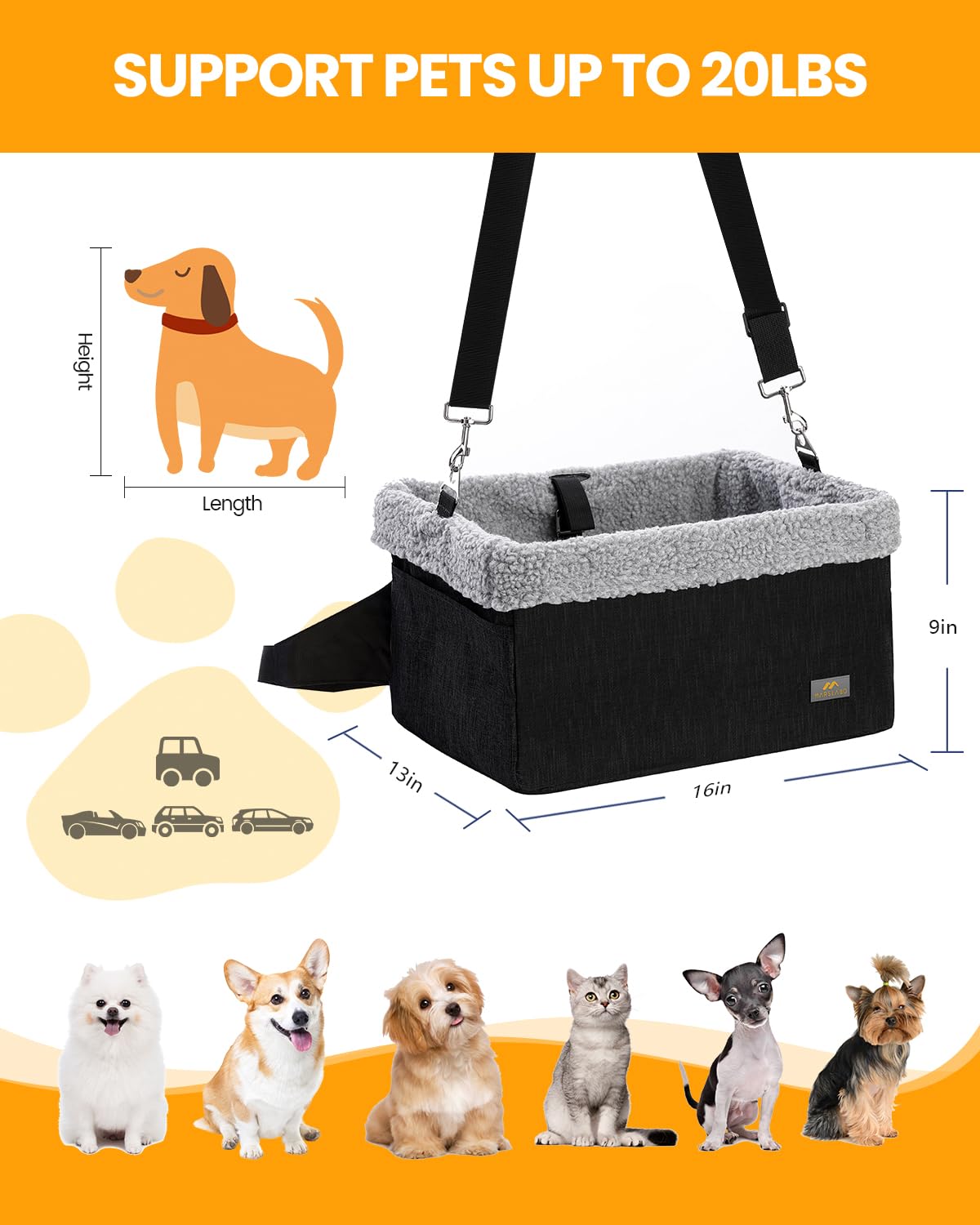 MARSLABO dog car seat with removable plush liner for easy cleaning.