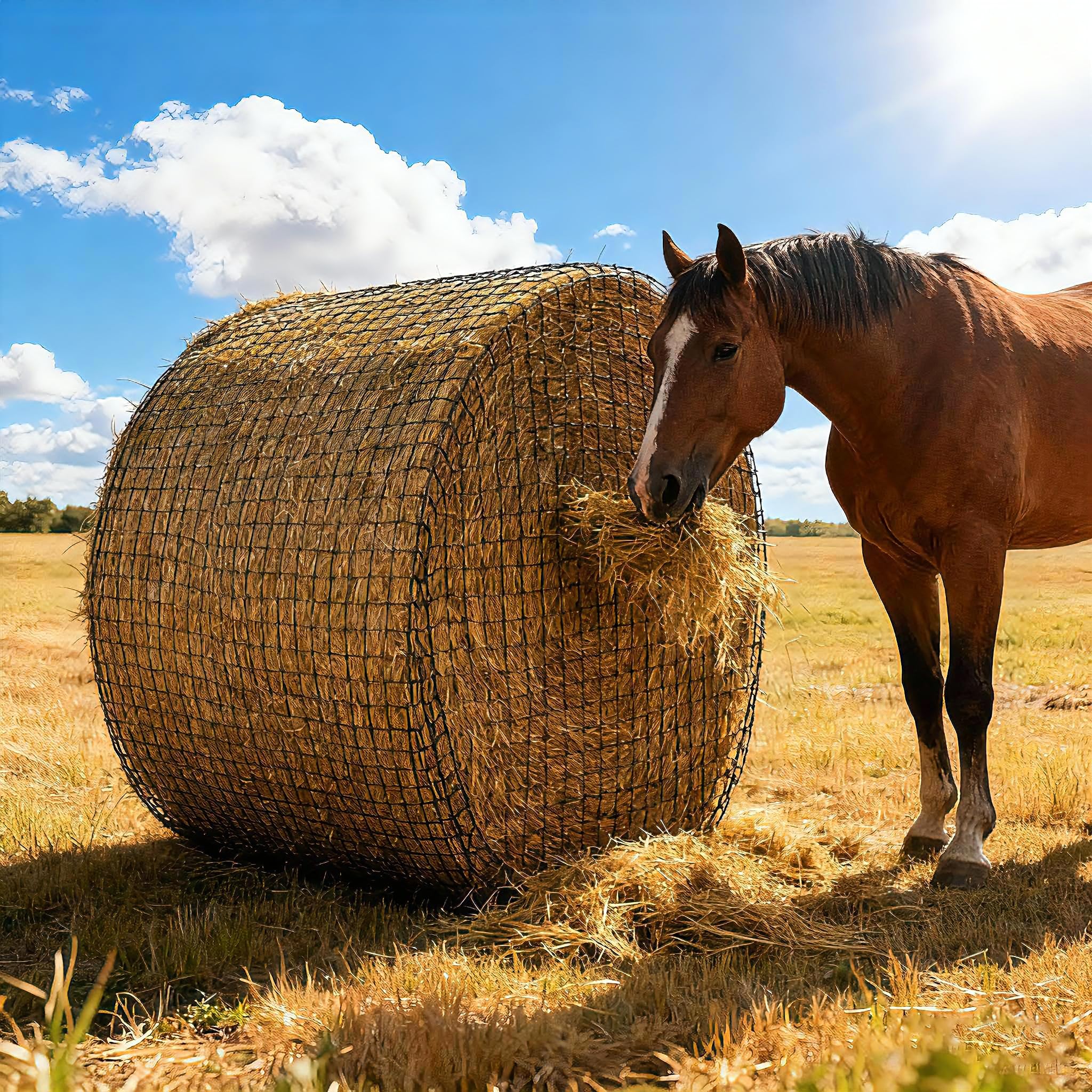 Martx 5X5ft round bale hay net ready for slow feeding in a stable.