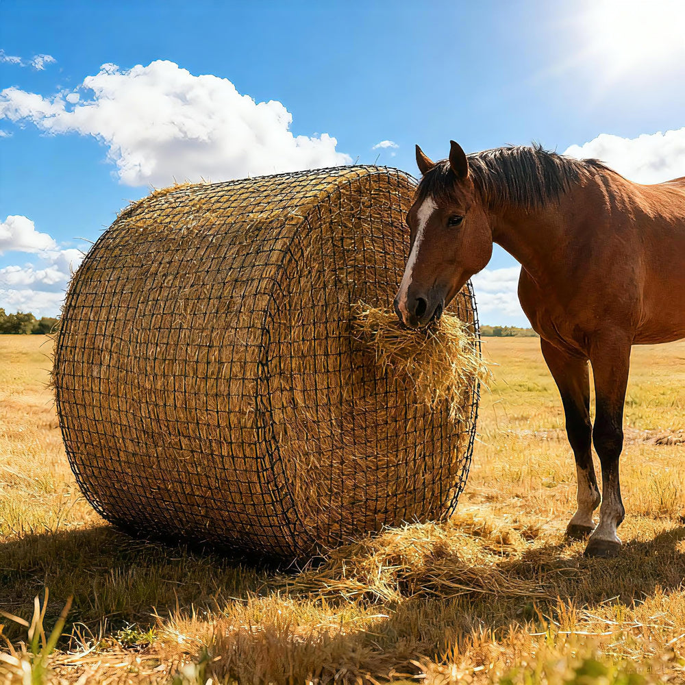 Martx 5X5ft round bale hay net ready for slow feeding in a stable.