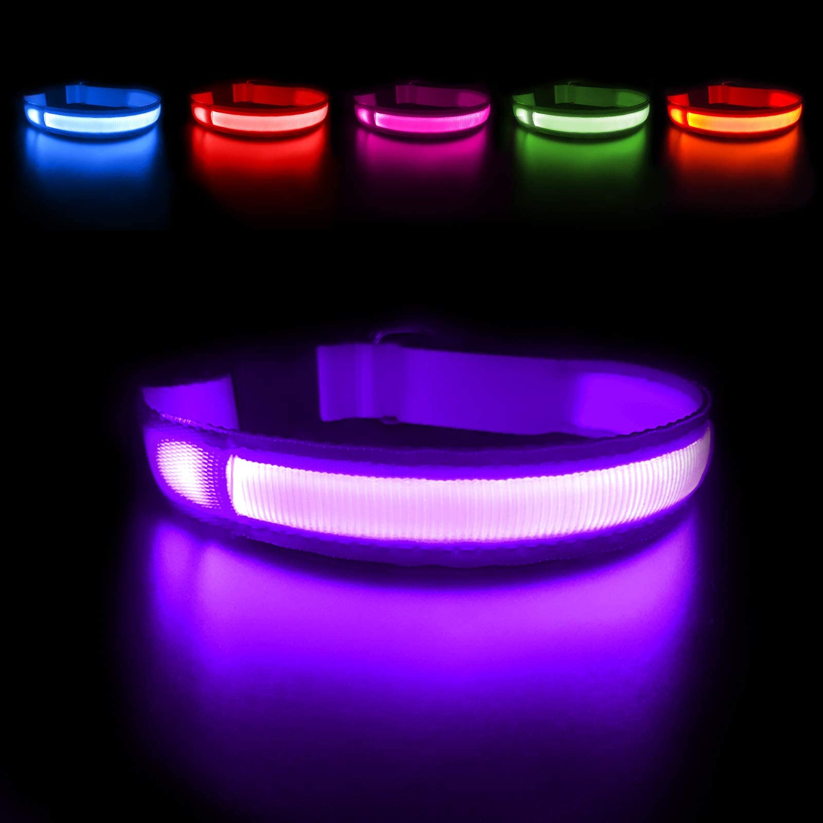 MASBRILL Light Up Dog Collar purple front view, enhances nighttime visibility for safe walks