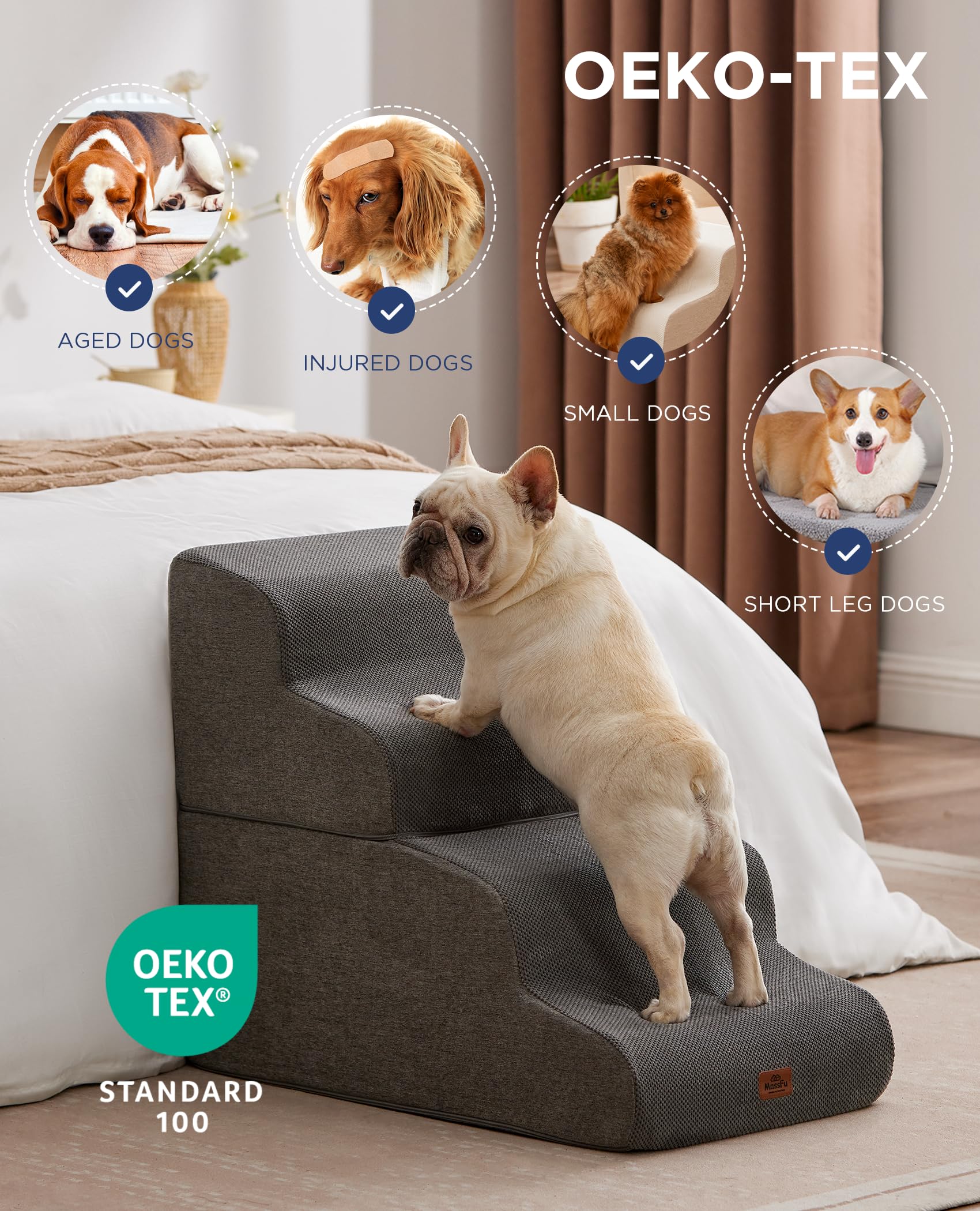 MASSFU beige curved dog stairs with 5 steps offering stable climb