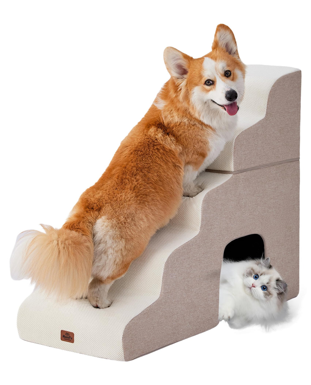 MASSFU beige curved dog stairs placed at bed edge for easy access