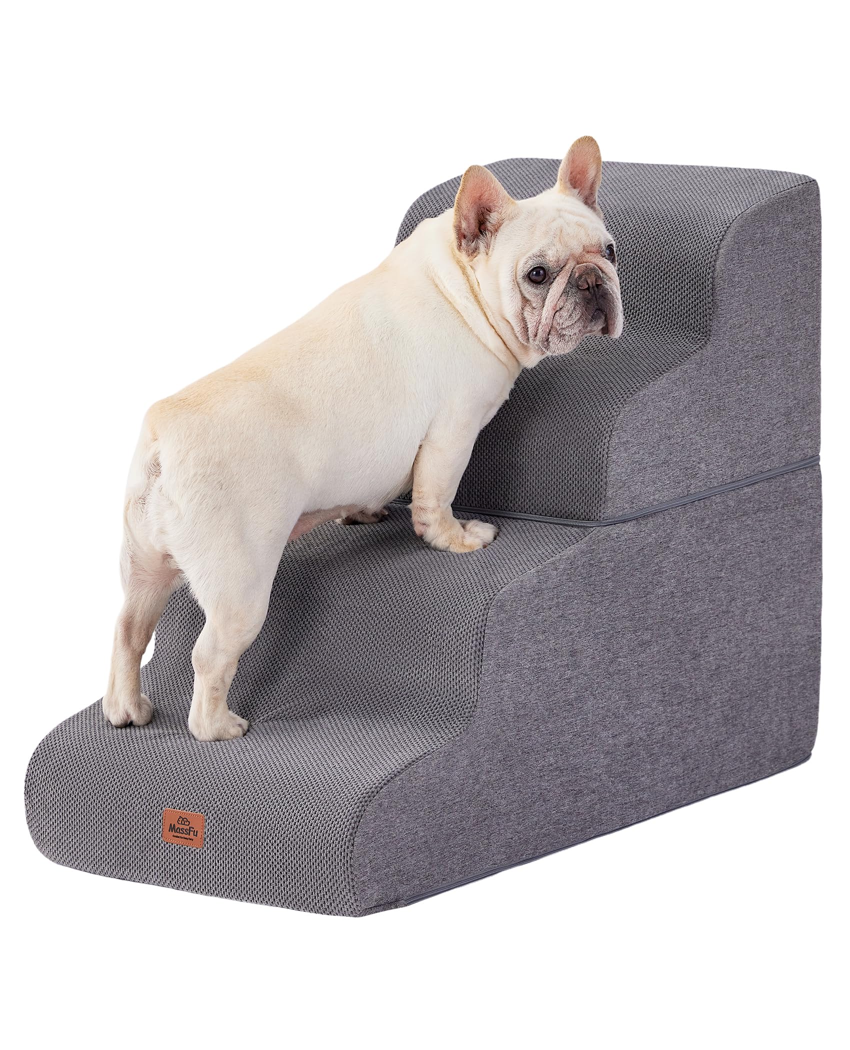 MASSFU gray curved dog stairs at bed edge facilitate easy climbs for small pets.