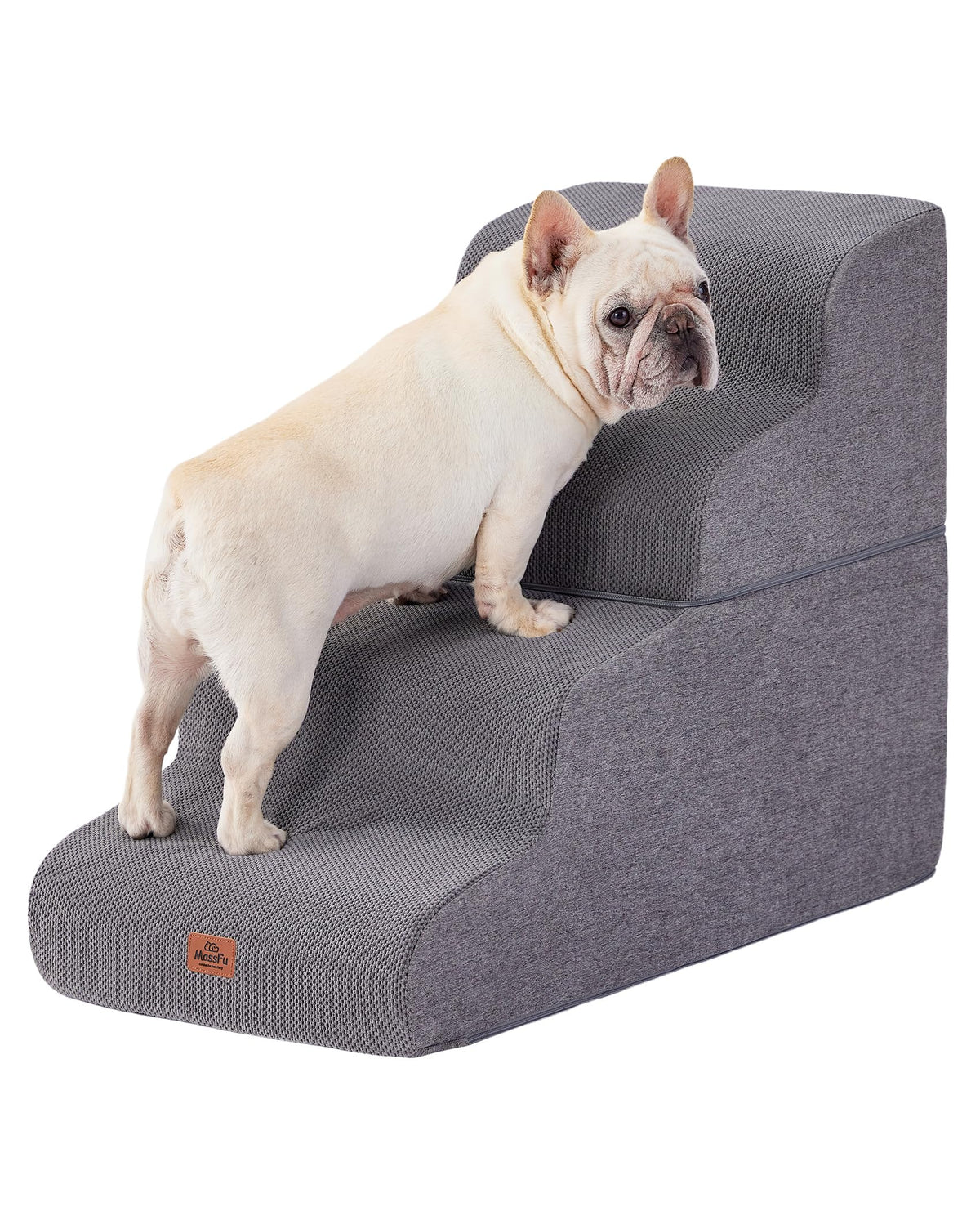 MASSFU gray curved dog stairs at bed edge facilitate easy climbs for small pets.