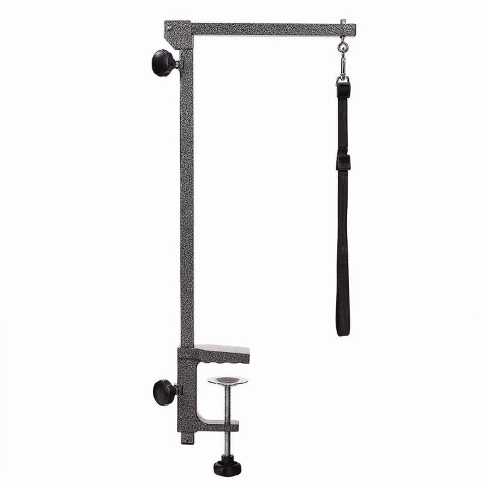 Master Equipment folding grooming arm extends over table by 13.25 inches for reach.