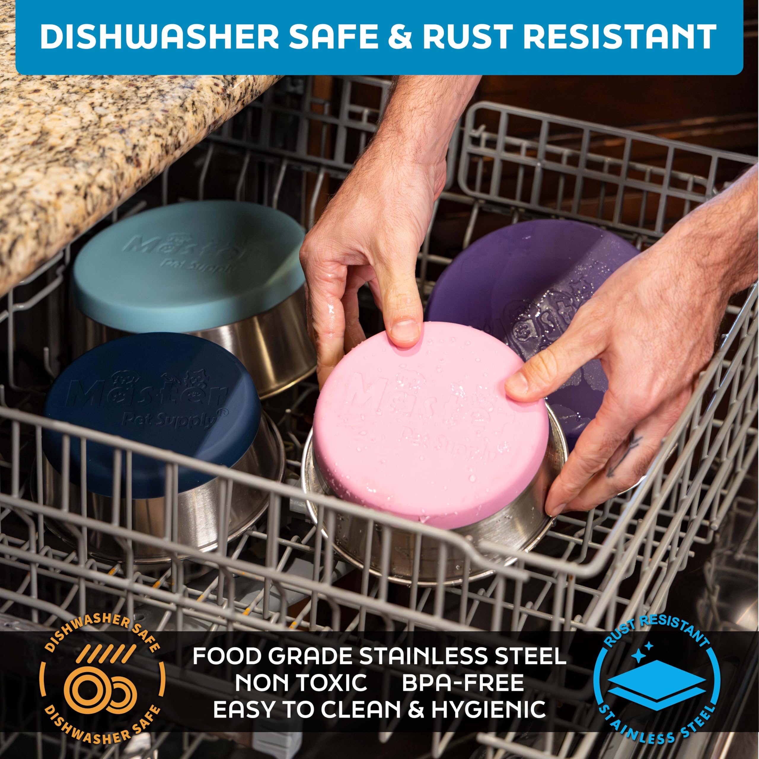 Master Pet Supply 32-ounce capacity bowls suitable for various pets.