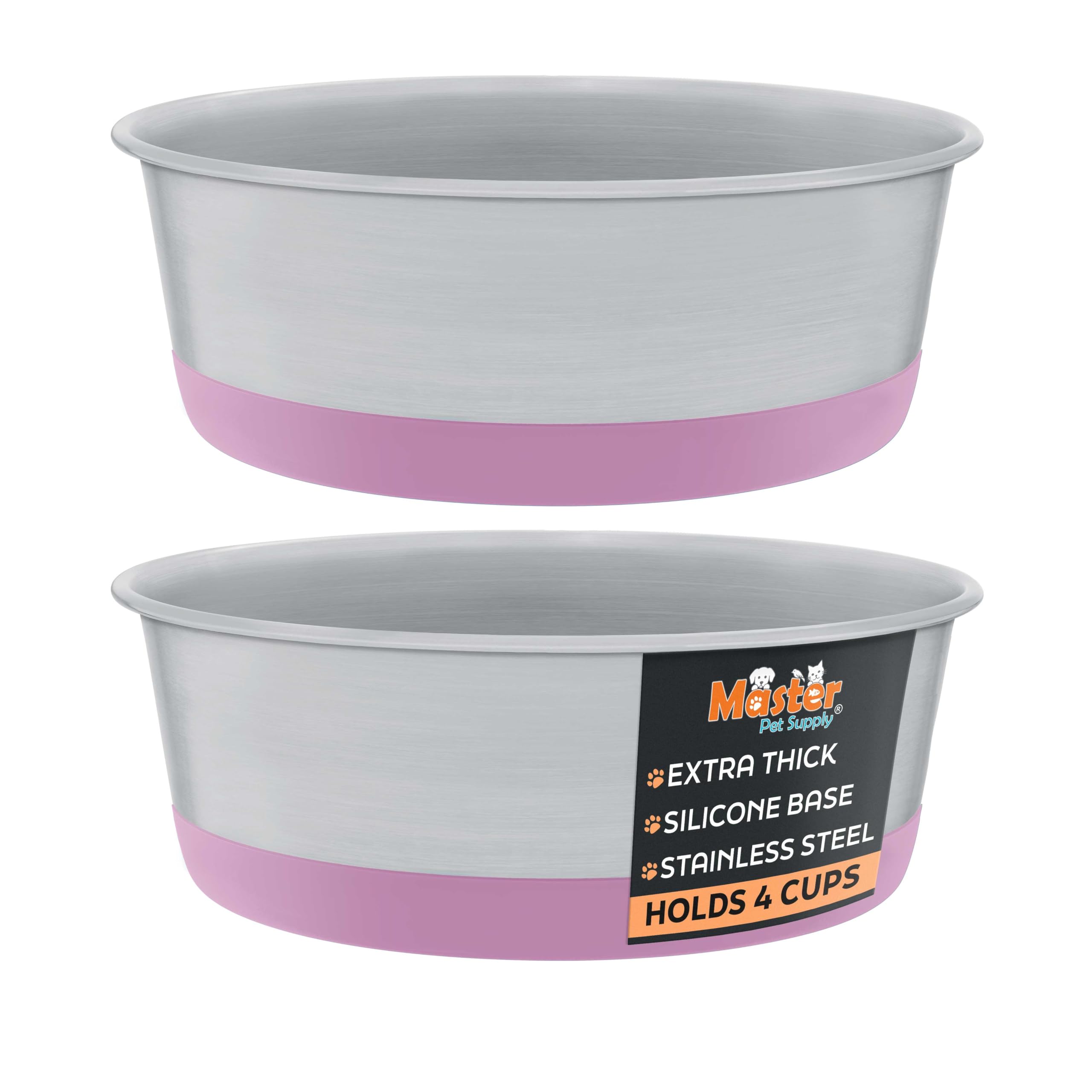 Master Pet Supply 4-cup stainless steel bowl with a hyper pink non-slip base for stability