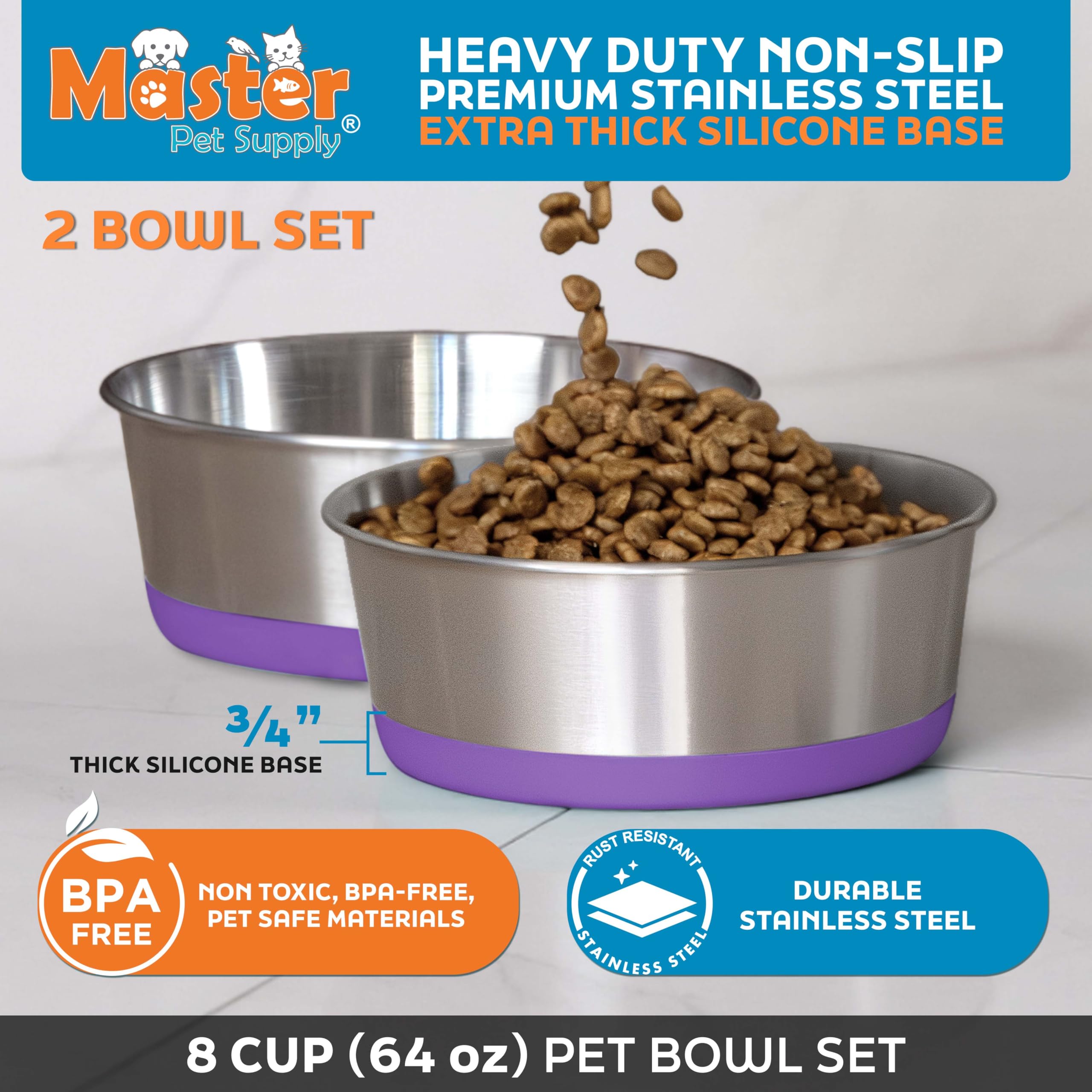 Master Pet Supply dishwasher-safe, rust-resistant bowls for easy cleaning.