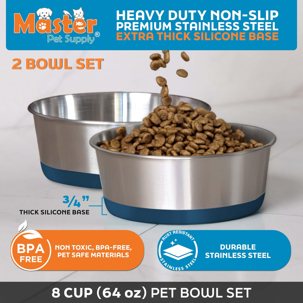 Master Pet Supply dishwasher-safe stainless bowls for easy cleaning.