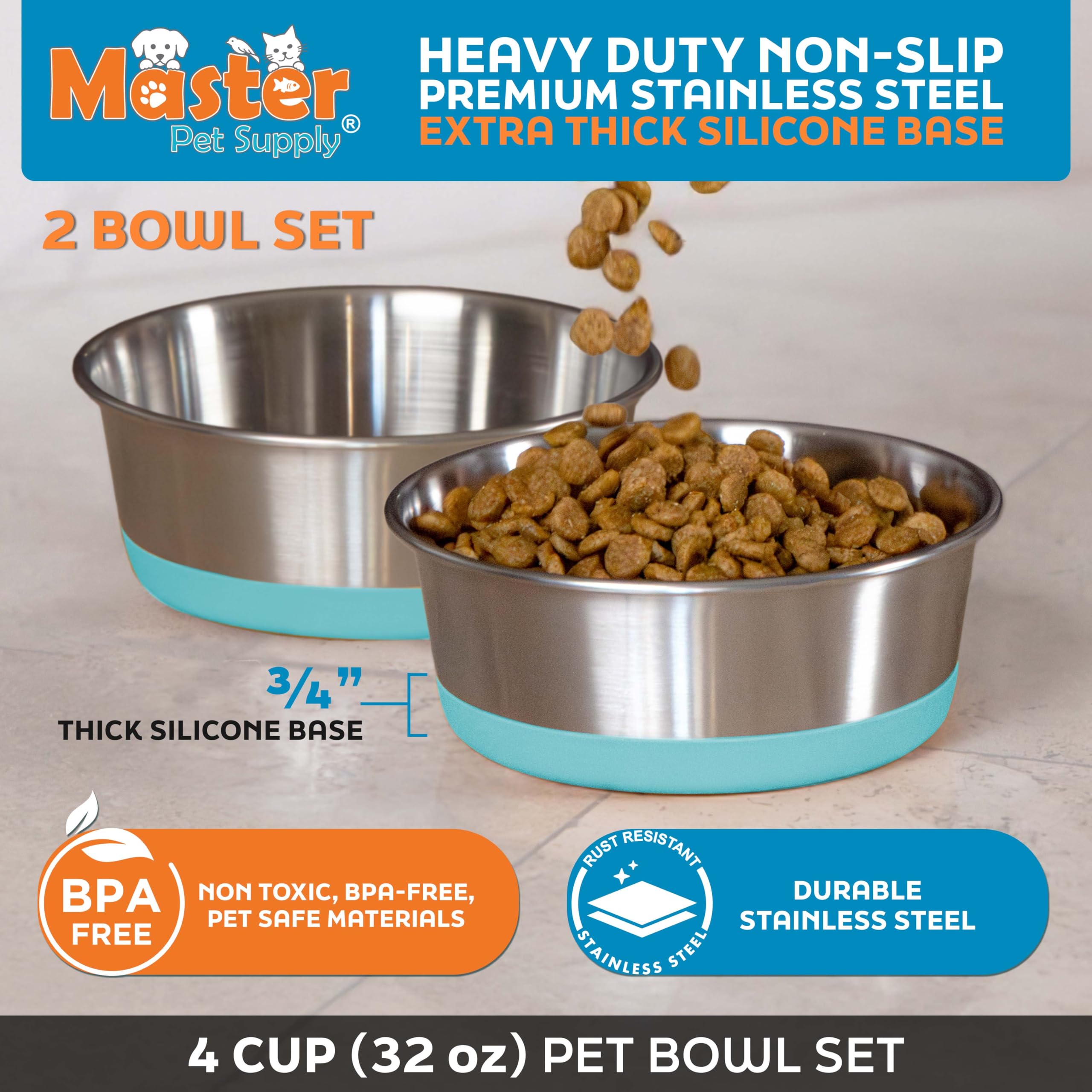 Master Pet Supply dishwasher-safe stainless-steel bowls for easy cleaning