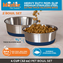 Master Pet Supply dishwasher-safe stainless steel bowls simplify after-meal cleaning.