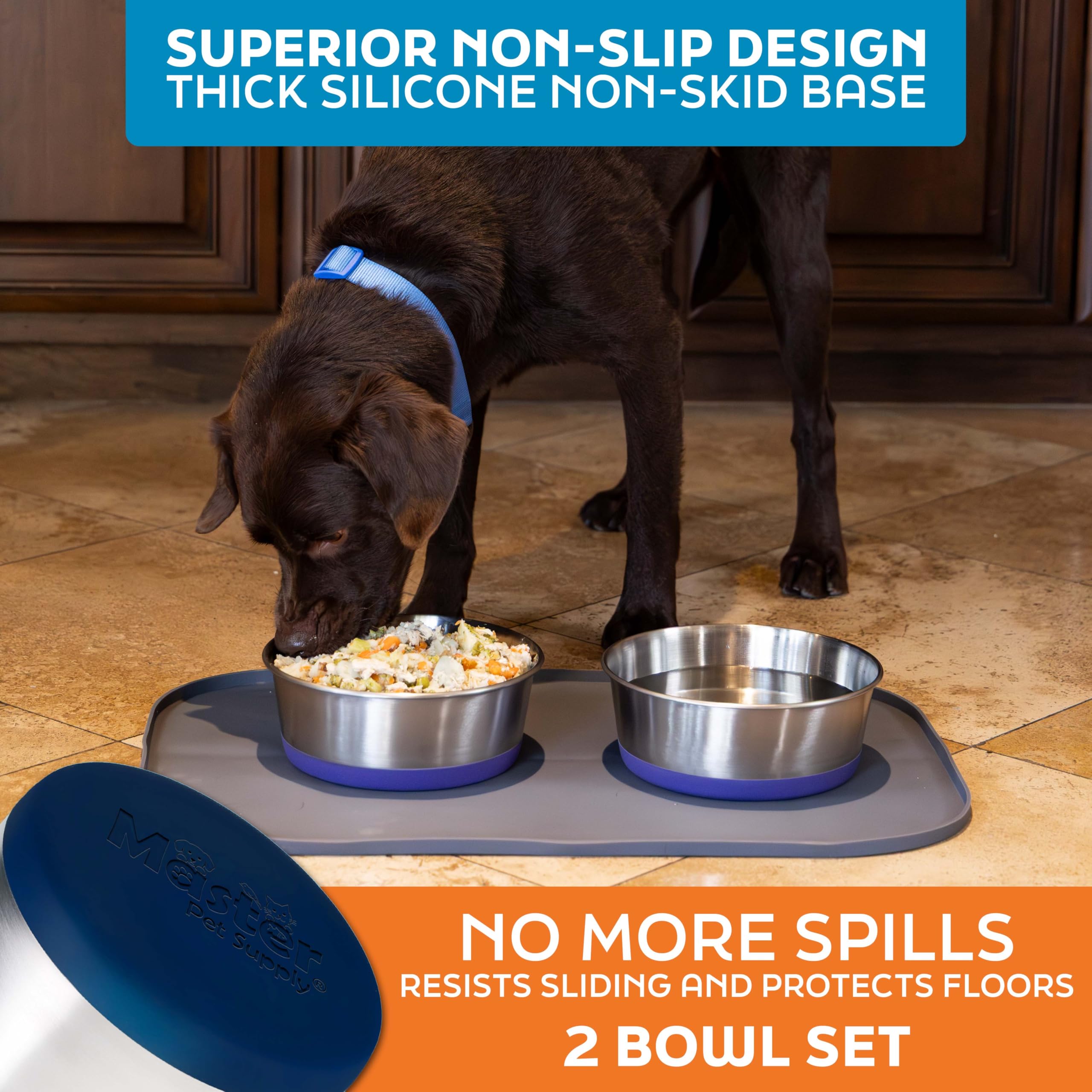 Master Pet Supply extra thick silicone base cushions spills and protects floors.