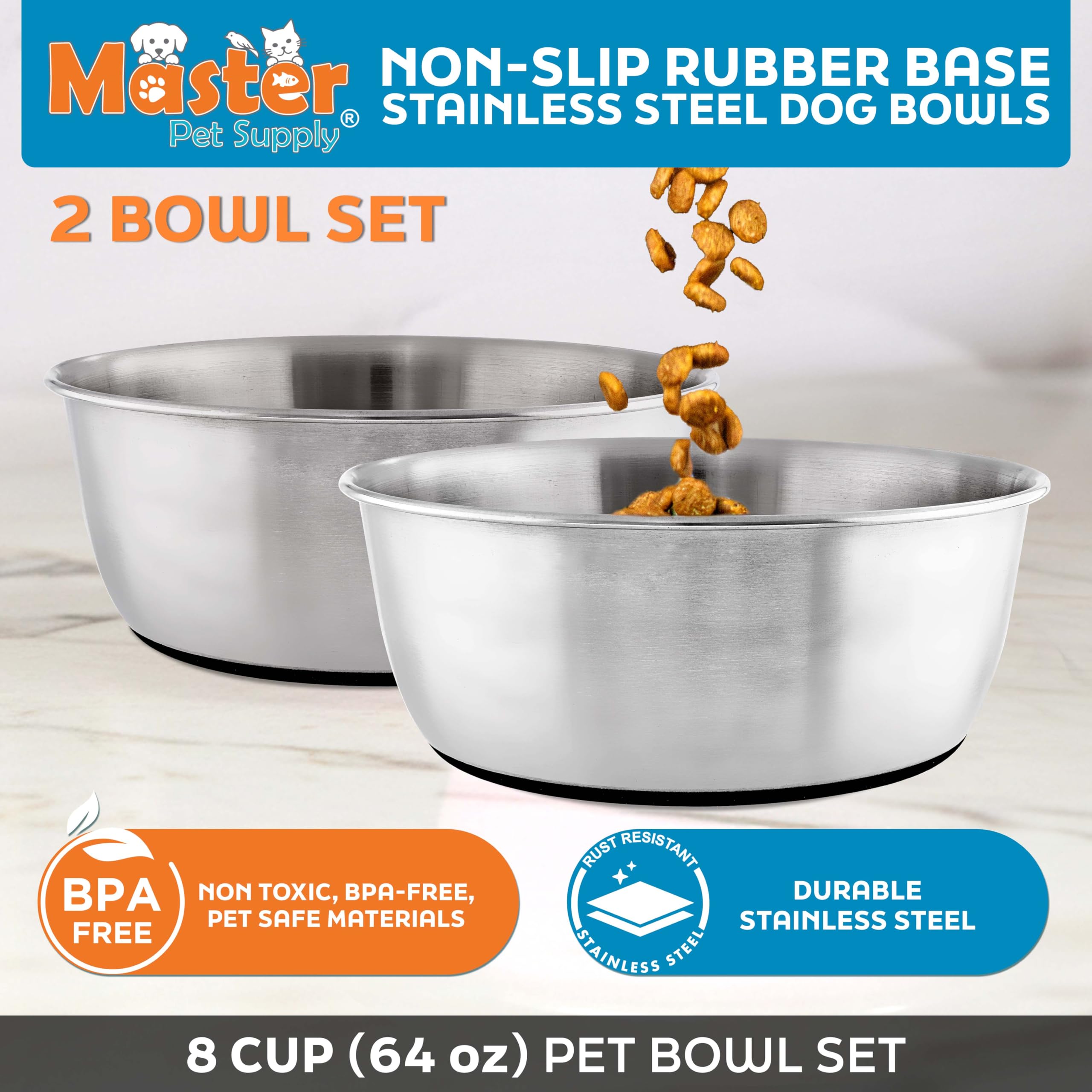 Master Pet Supply non-slip rubber base keeps bowls steady and minimizes spills