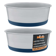 Master Pet Supply stainless steel bowls with navy silicone base for non-slip feeding.