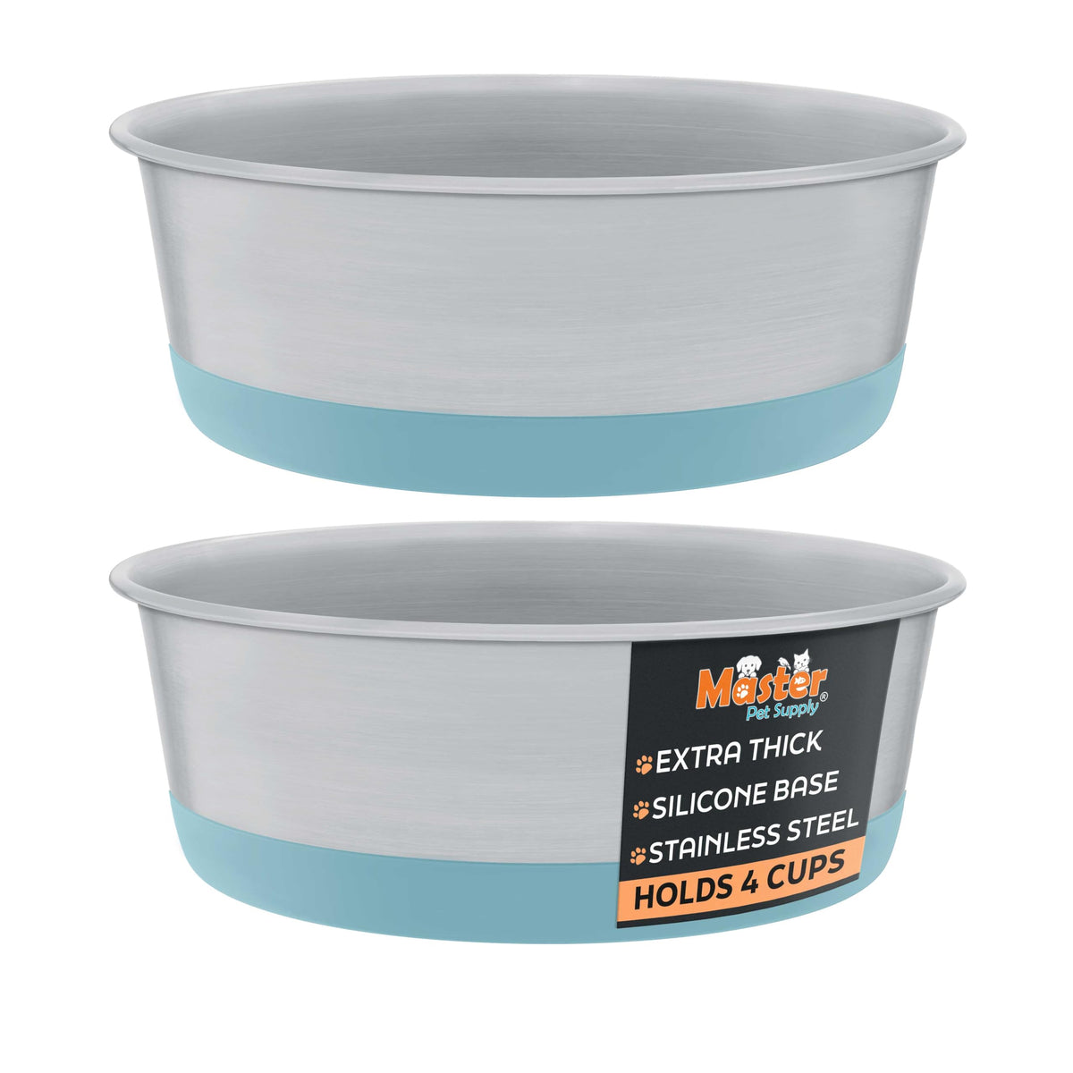 Master Pet Supply stainless-steel dog bowls with Aqua Sky base, 4 cup capacity for meals