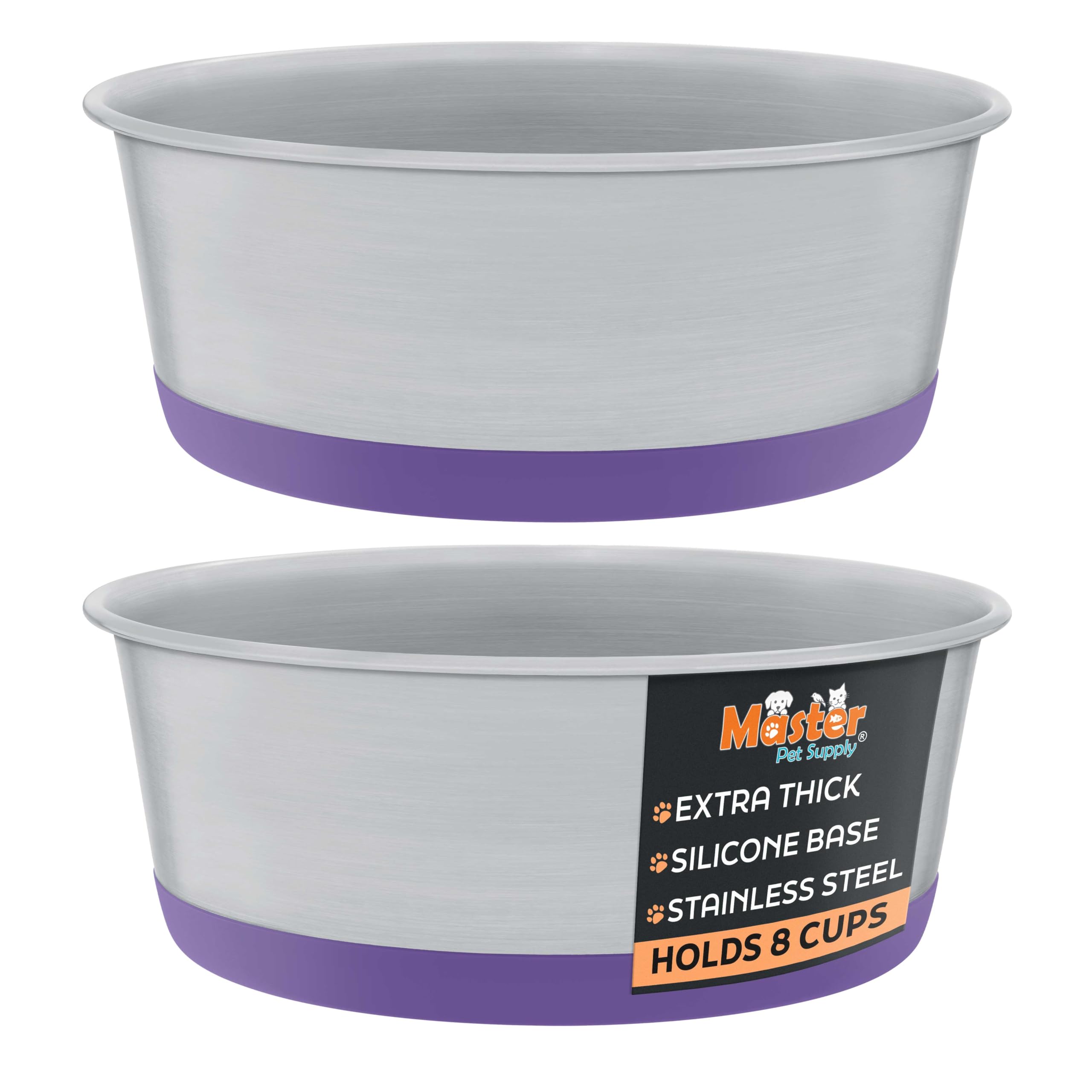 Master Pet Supply Plum Crazy stainless steel bowls set of two for 8-cup capacity.