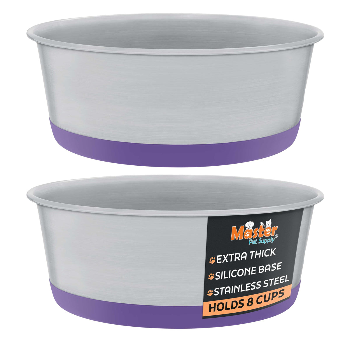 Master Pet Supply Plum Crazy stainless steel bowls set of two for 8-cup capacity.