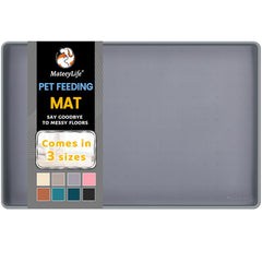 MateeyLife silicone cat and dog mat with bowls; raised edge contains spills.