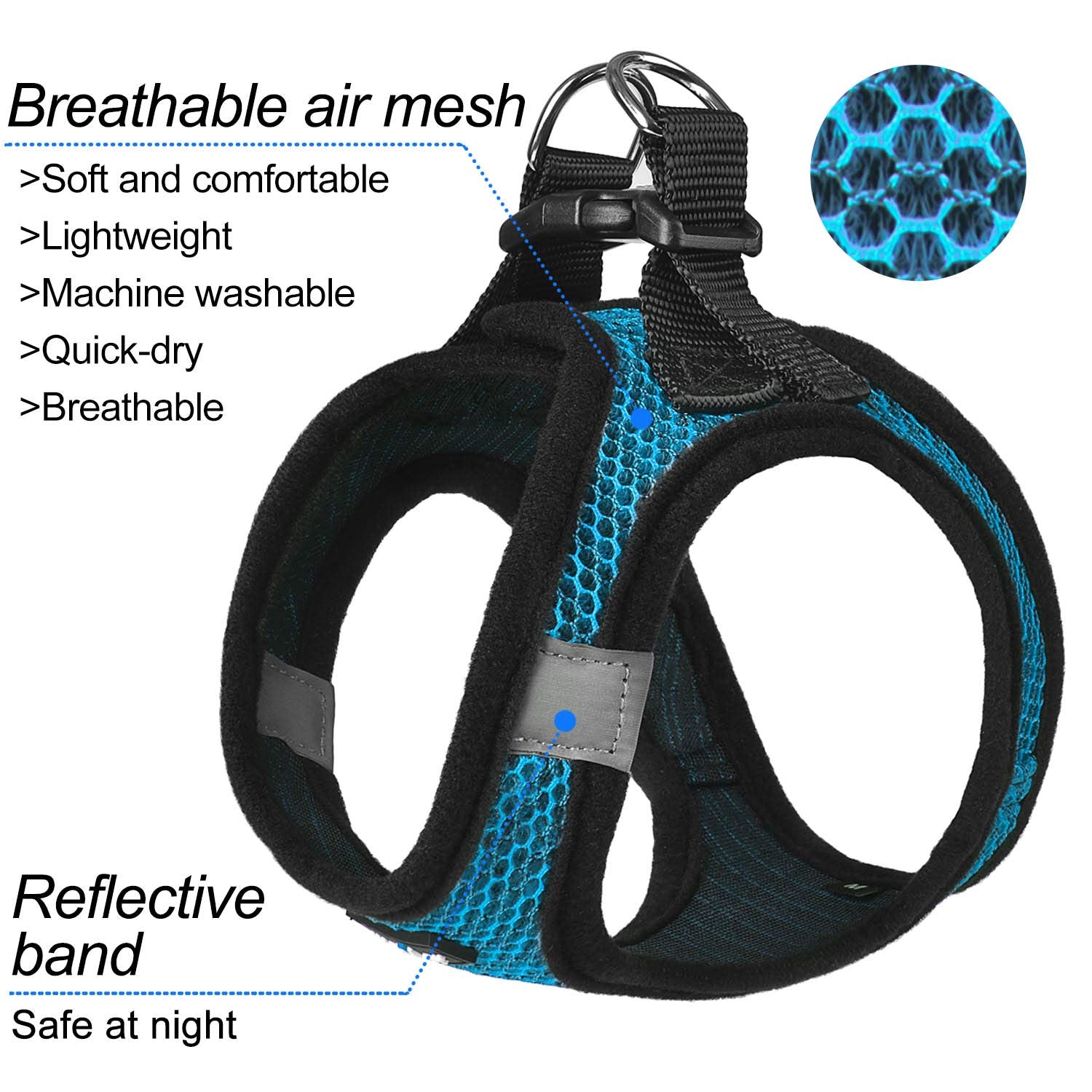 Matilor breathable air mesh harness in blue keeps dogs cool outdoors.