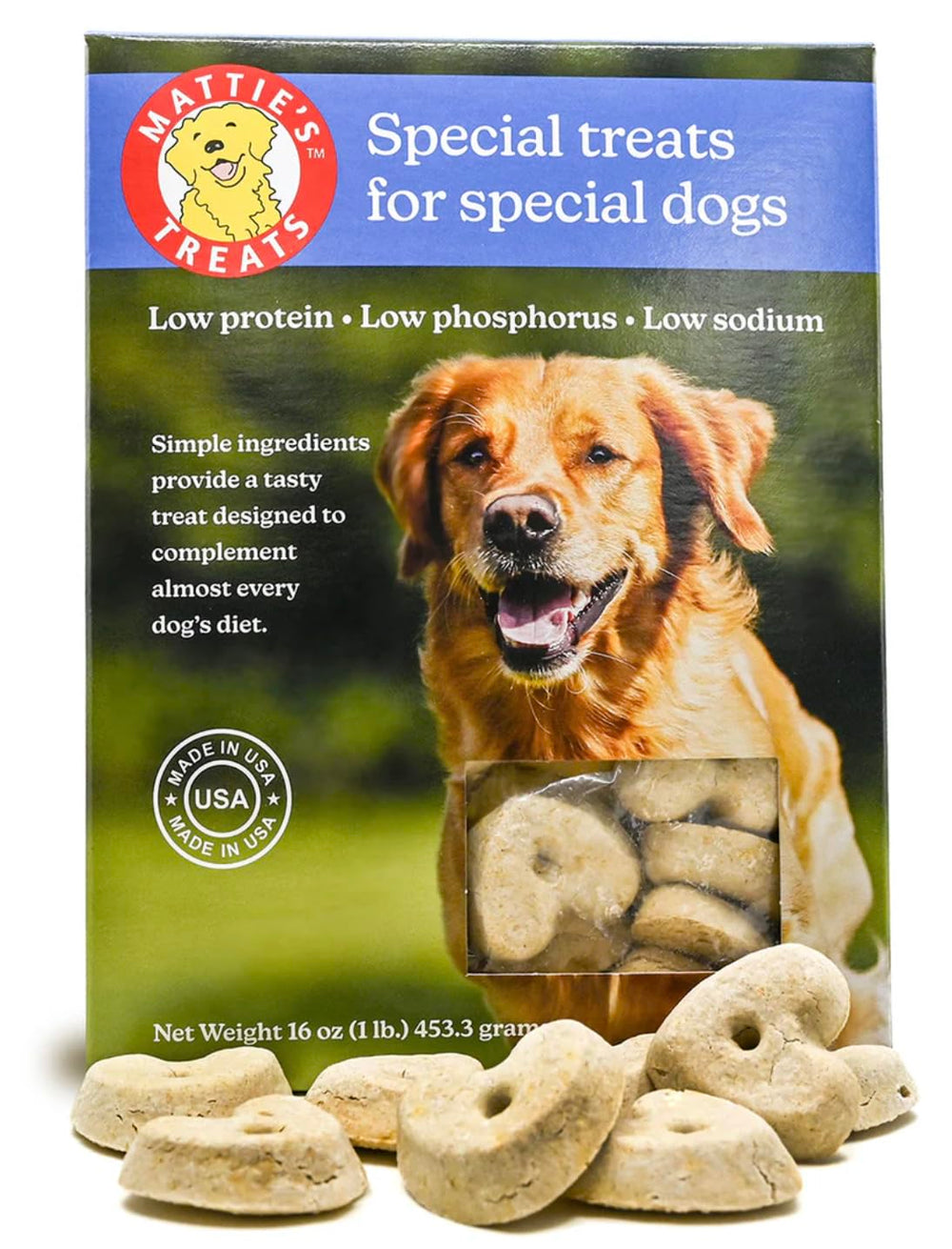 Mattie's Treats 1lb box with a low-protein formula for dogs needing dietary considerations.