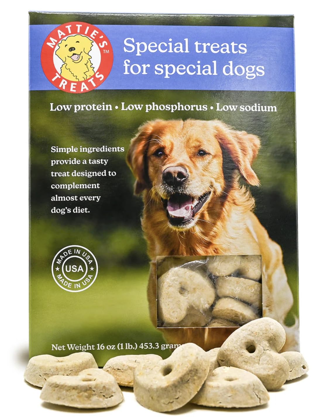 Mattie's Treats 1lb box with a low-protein formula for dogs needing dietary considerations.