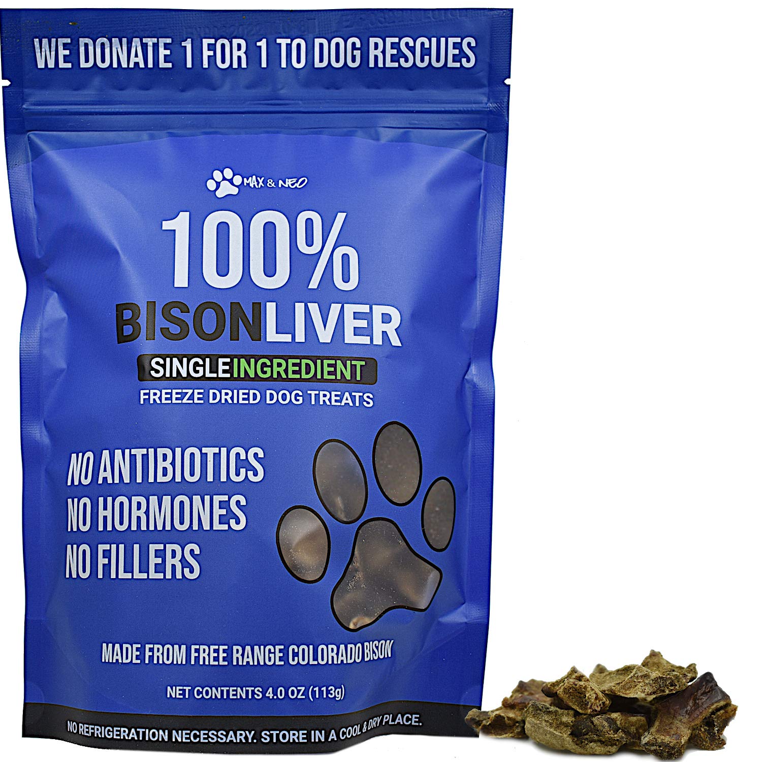 Max and Neo freeze-dried bison liver bag front, protein-rich dog treat.