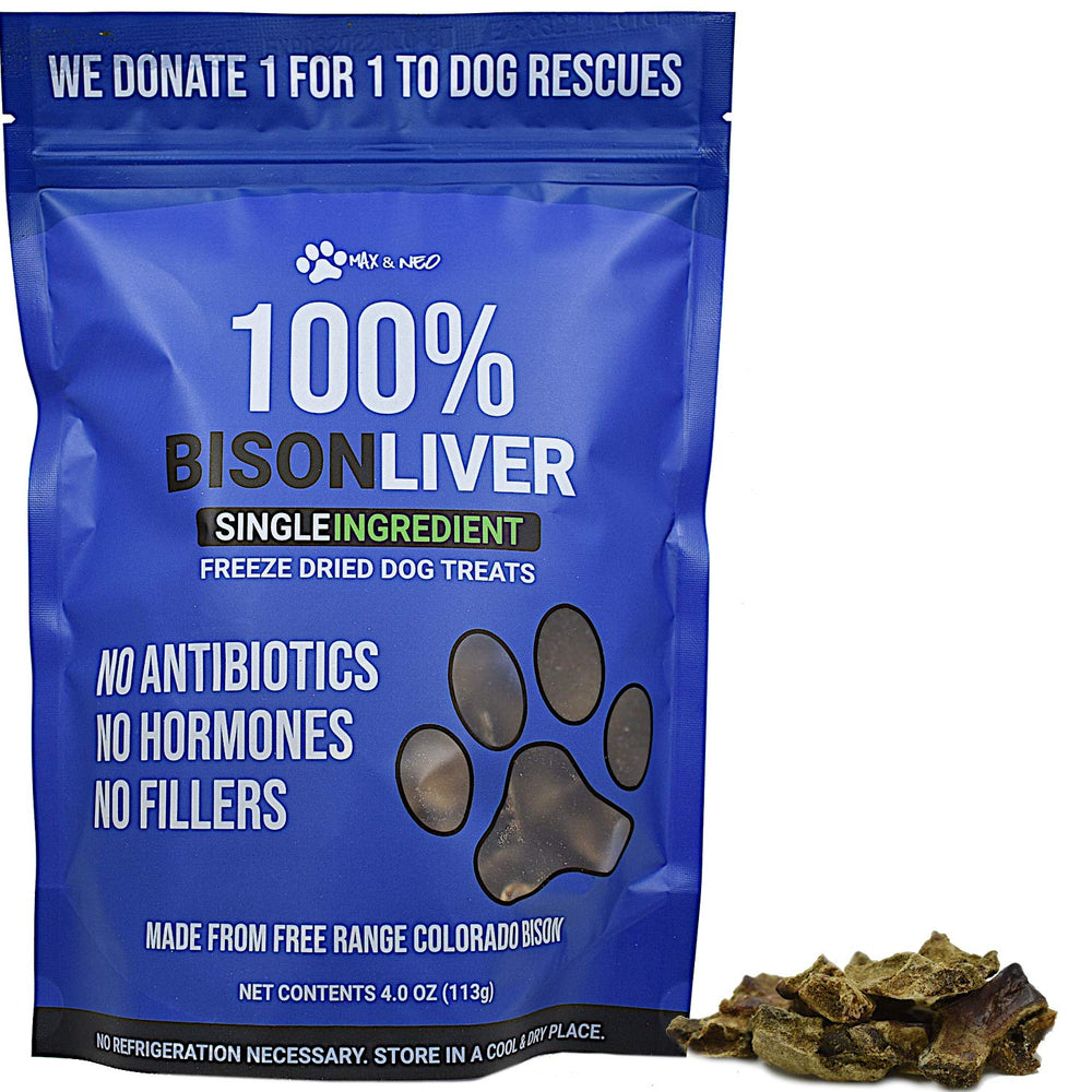 Max and Neo freeze-dried bison liver bag front, protein-rich dog treat.