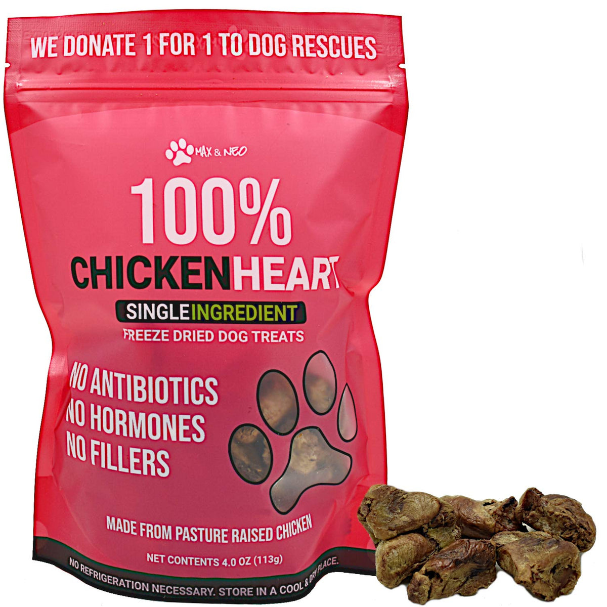 Max and Neo freeze-dried chicken heart treats in a bag, ideal for training rewards