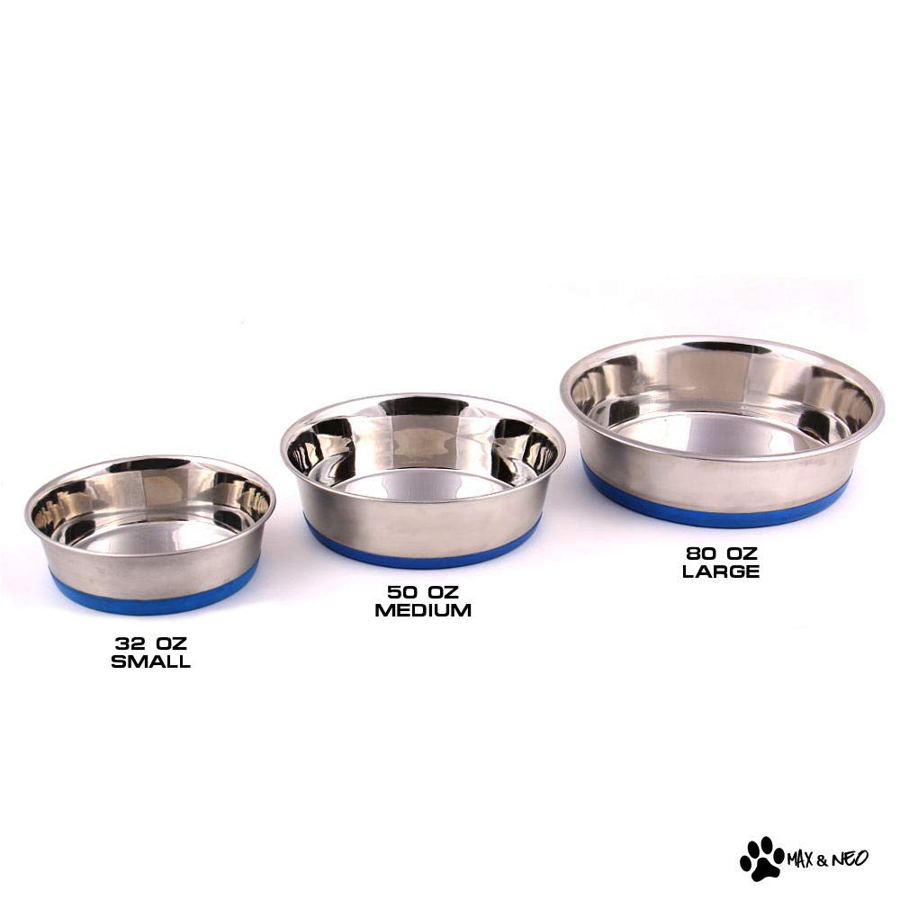 Max and Neo heavy 204 stainless steel dog bowls, side view; heavy design helps prevent tipping.