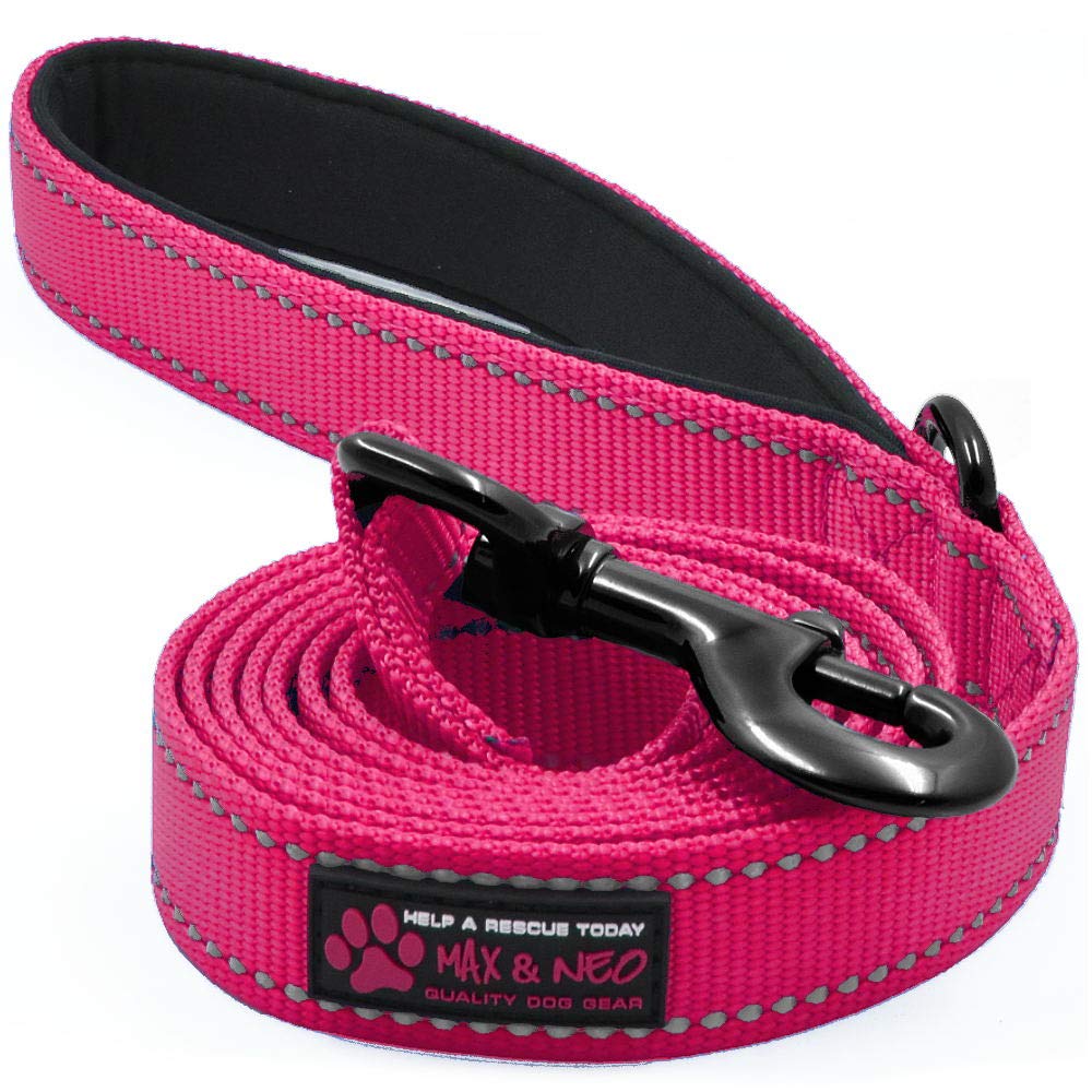 Max and Neo reflective pink leash 6ft for safe nighttime walks and rescue support.