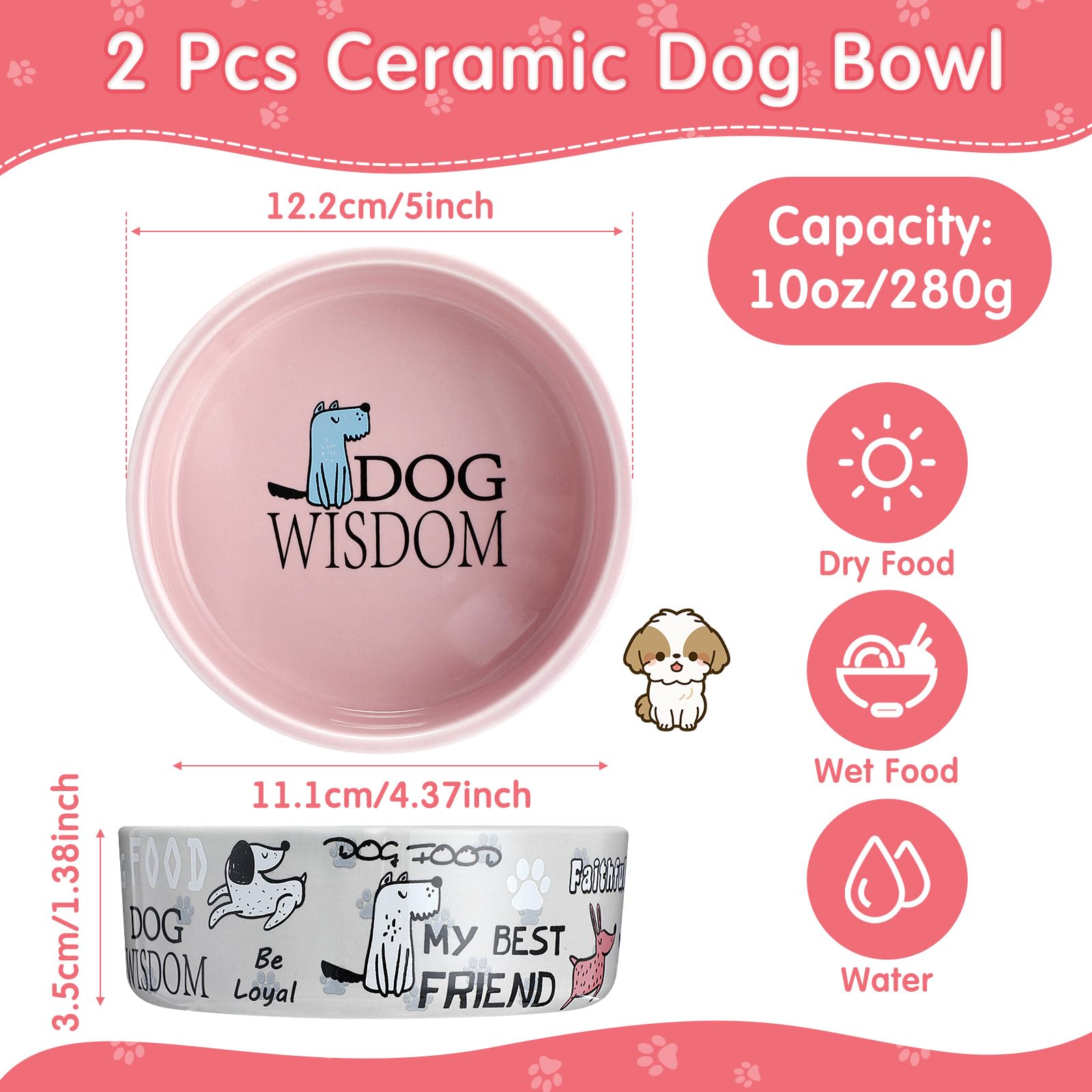 Maxcheck pink-gray ceramic bowls for small dogs with cartoon pattern